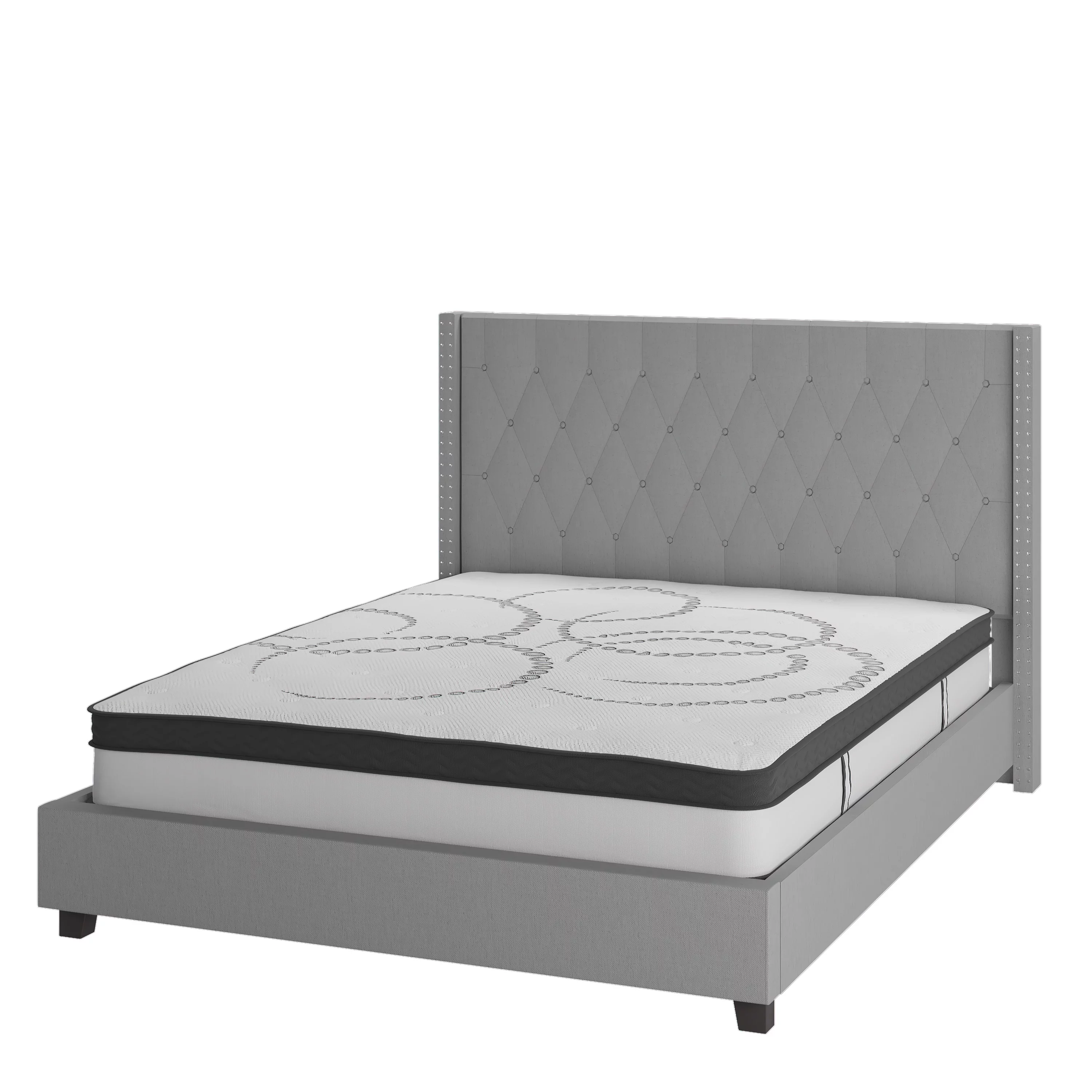 BizChair Riverdale King Size Tufted Upholstered Platform Bed in Light Gray Fabric with 10 Inch CertiPUR-US Certified Pocket Spring Mattress