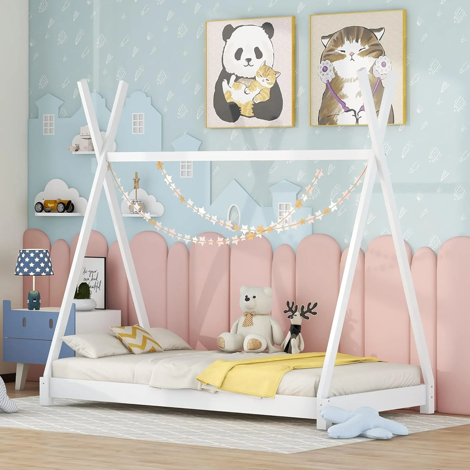 House Beds Wood Toddler House Bed Frame Montessori Style Teepee Bed For Kids Boys Girls Teens, White