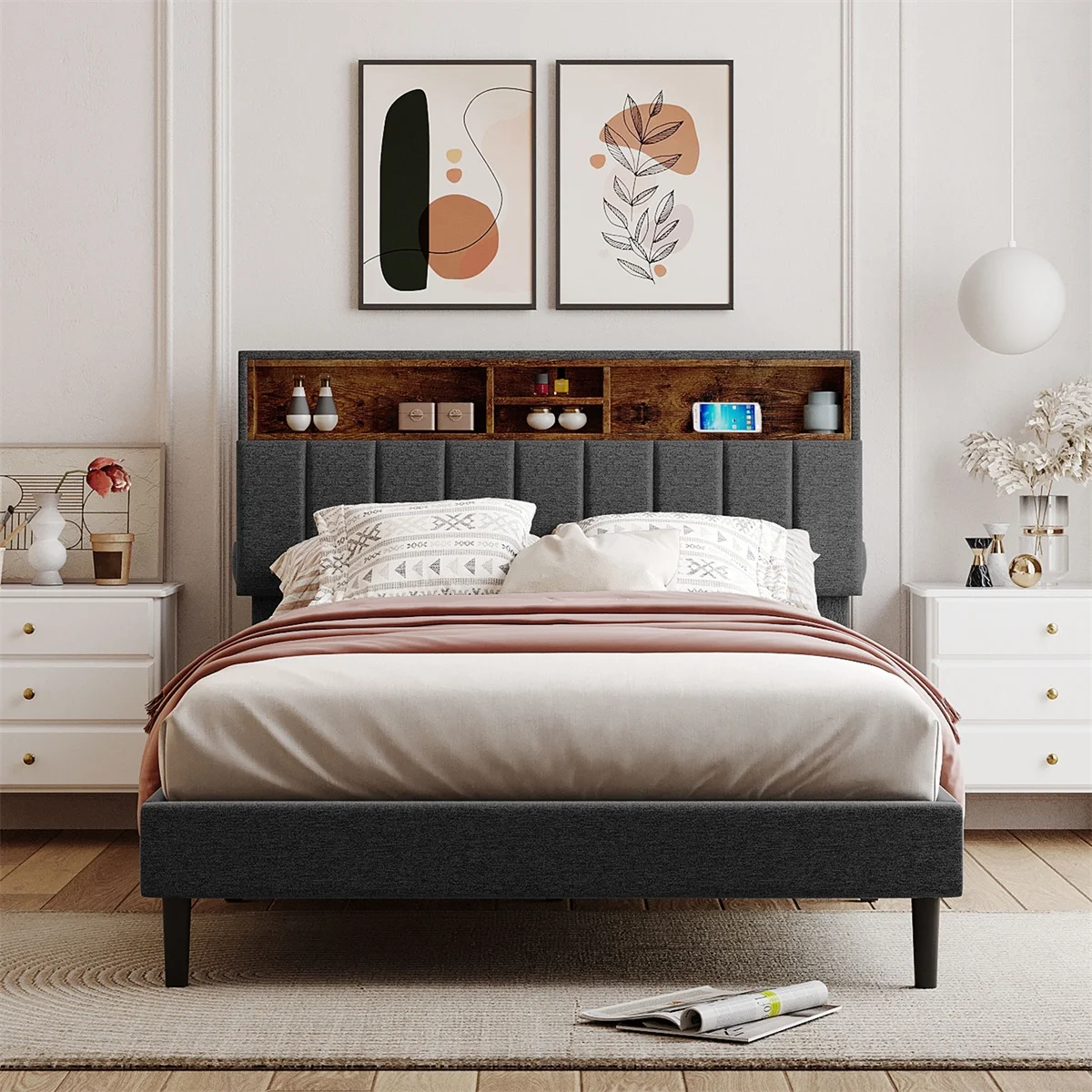 Full Size Upholstered Platform Bed with Storage Headboard and USB Port, Linen Fabric Upholstered Bed (Gray)