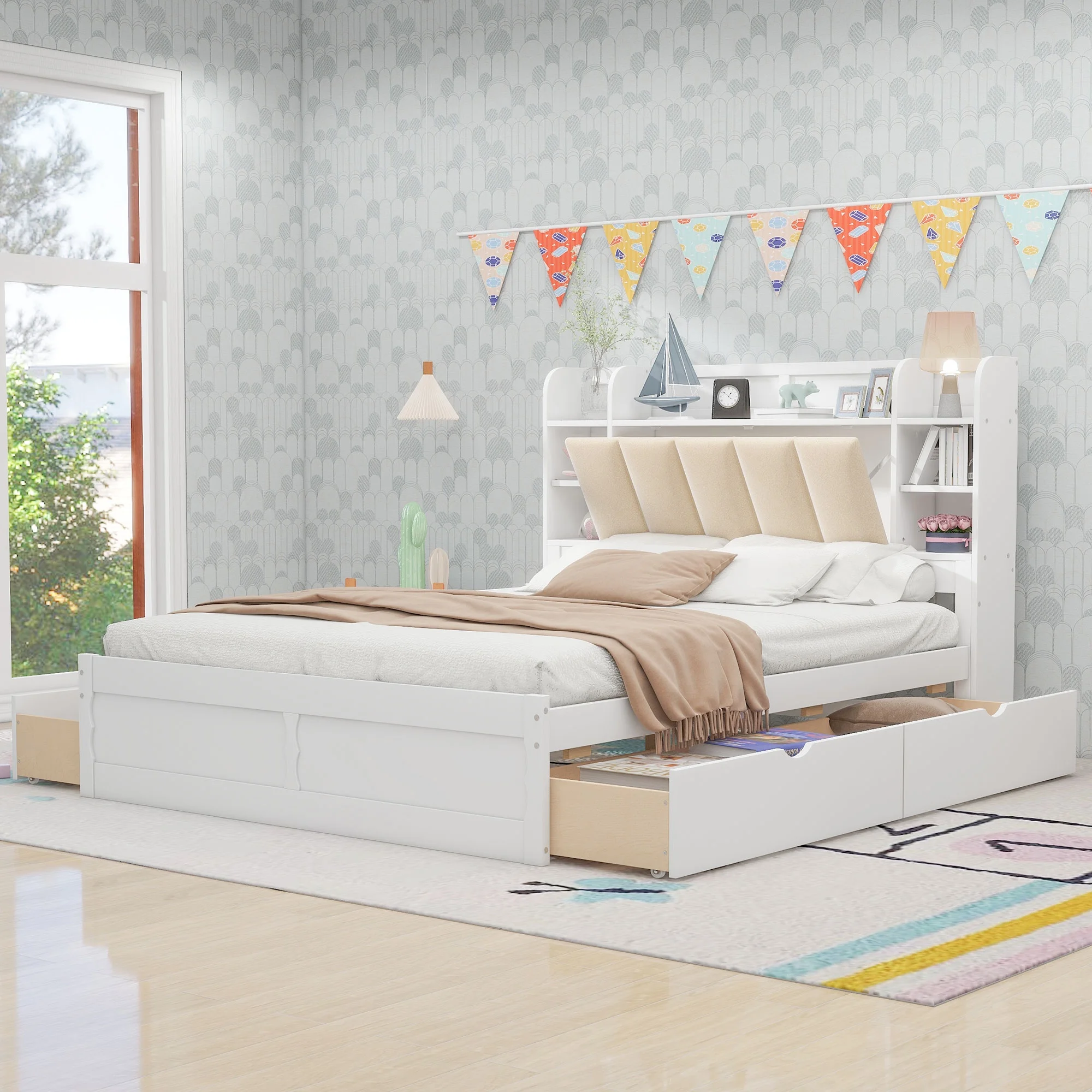 Churanty Queen Size Platform Bed with Storage Bookcase Headboard, Wood Platform Bed Frame with Shelves and 4 Drawers,White