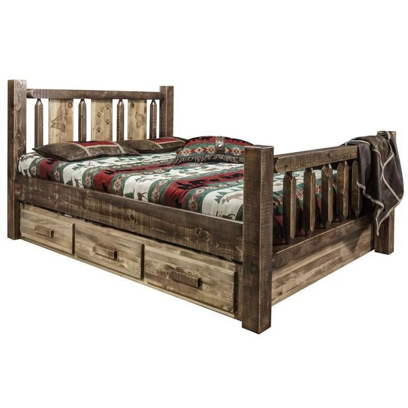 Homestead Storage Bed with Laser Engraved Wolf Design, Stain & Clear Lacquer - Full Size
