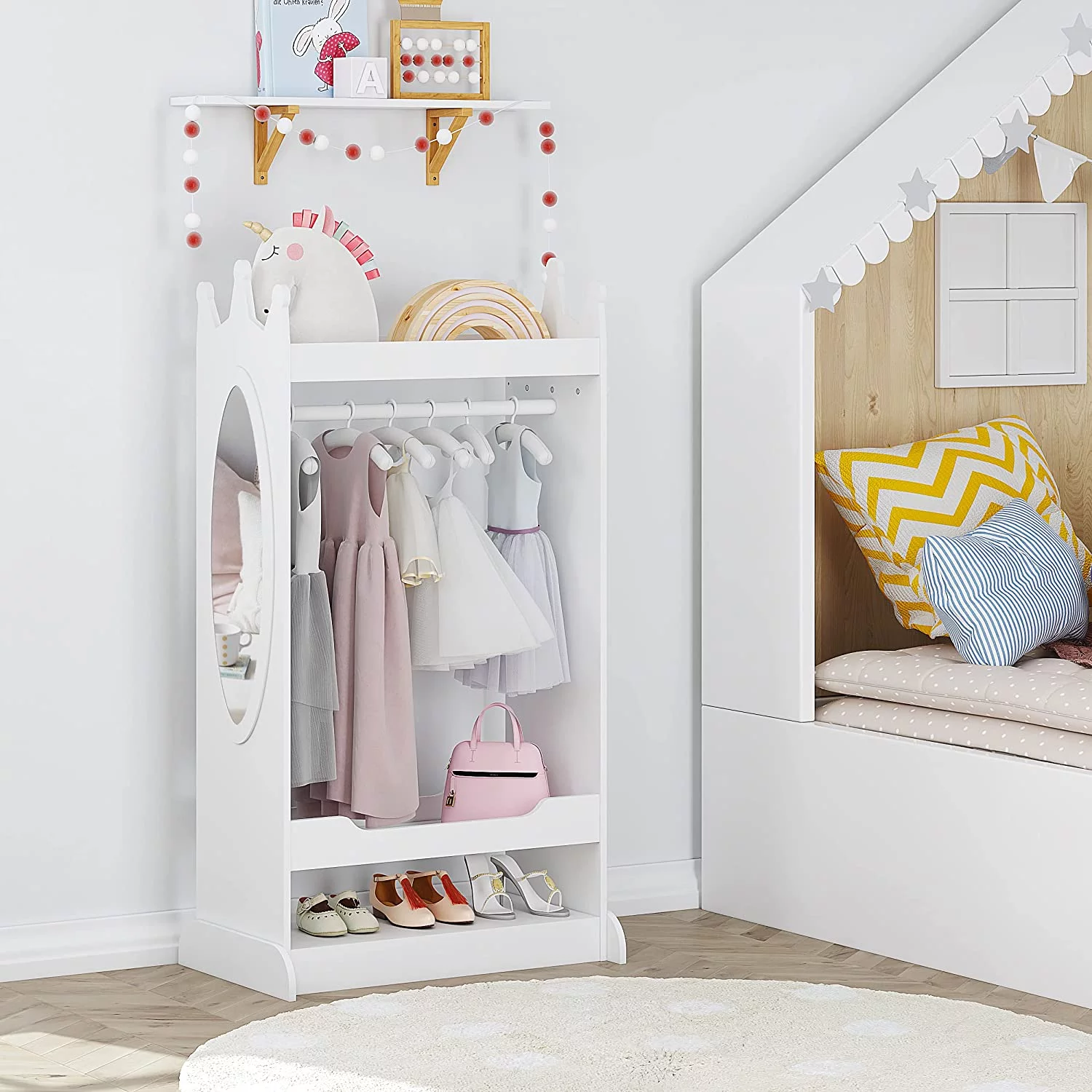 LIHONG Kid’s See and Store Dress-up Center, for Kids, Open Hanging Armoire Closet, Pretend Storage Kids, Costume Dresser for Kids Bedroom(White)