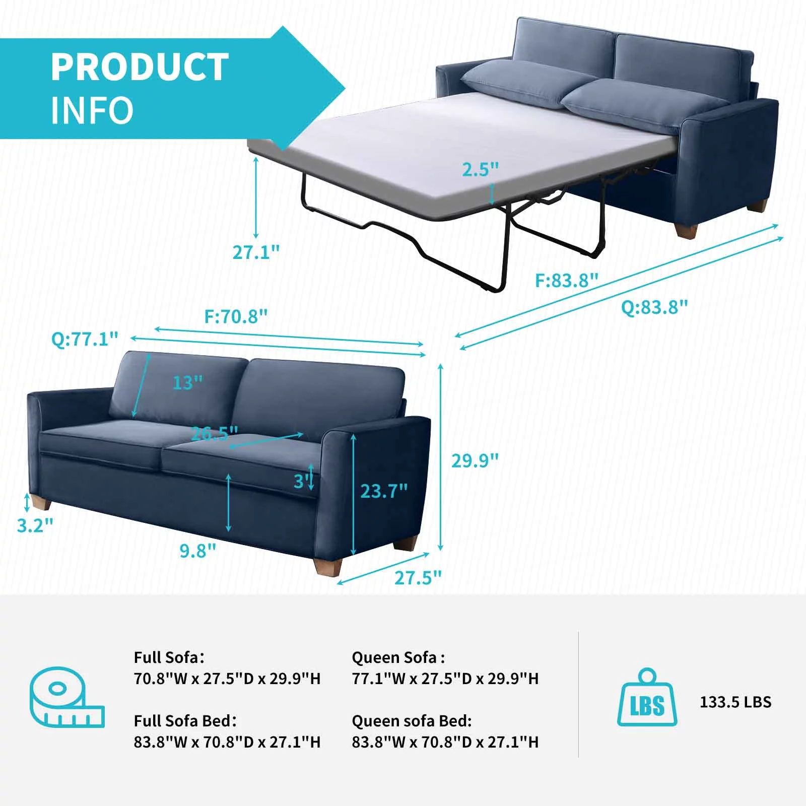 CECER 2-in-1 Pull Out Sofa Bed, Velvet Loveseat Sleeper Sofa Bed with Folding Mattress, Pull Out Couch Bed for Living Room, Queen Size Sleeper Sofa for Apartment/Small Spaces- Blue
