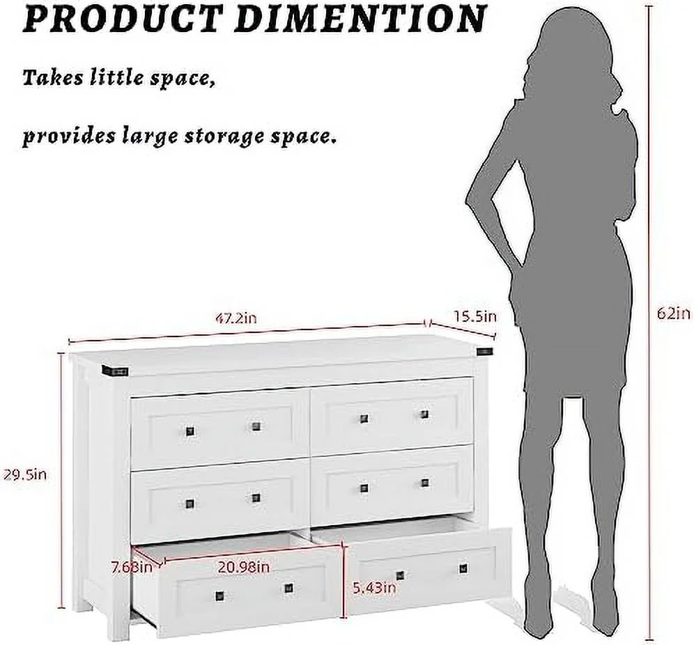 NLIBOOMLife 6 Drawer Double Dresser.Wood Dressers & chests of Drawers for and Organization for Bedroom Closet Living Room Hallway.47.2" D x 15.5" W x 29.5" H.White.