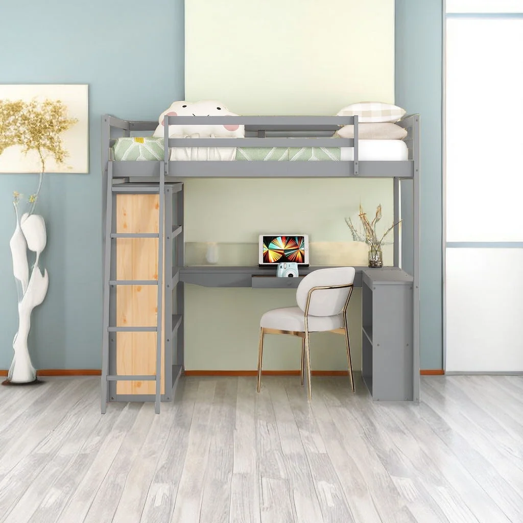 Twin Size Loft Bed with Desk, Book Shelves, Drawer, Oleophobic Board, Wood Loft Bed Frame with Ladder and Guard Rail, Storage Loft Bed for Kids Teens, No Box Spring Needed