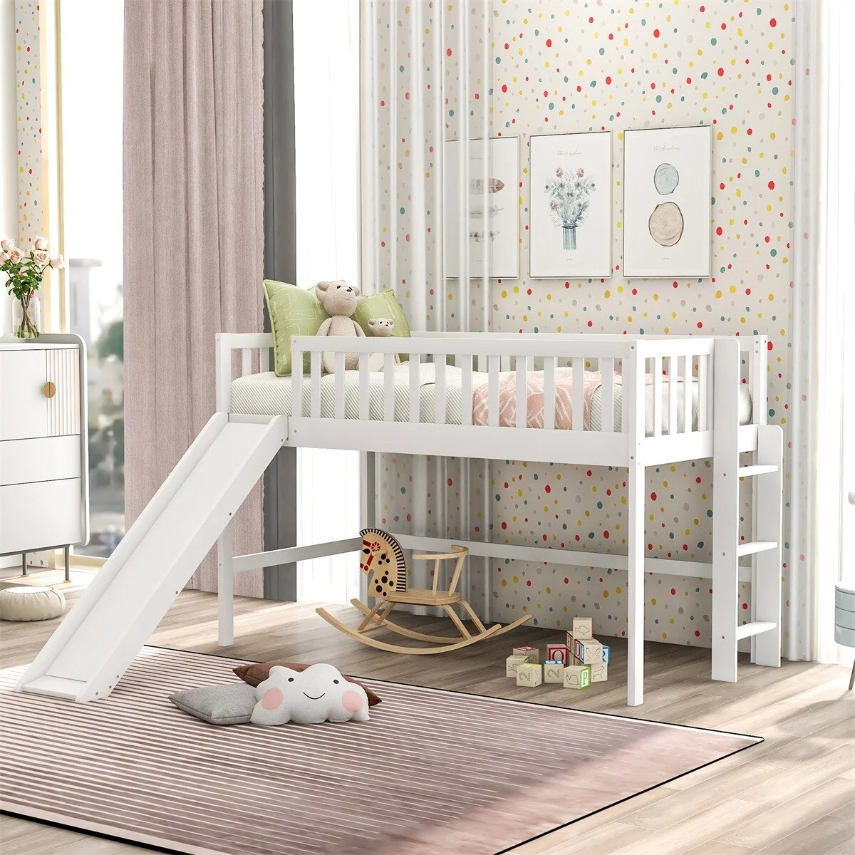 MERAX Wooden Low Loft Bed with Slide and Ladder for Kids White