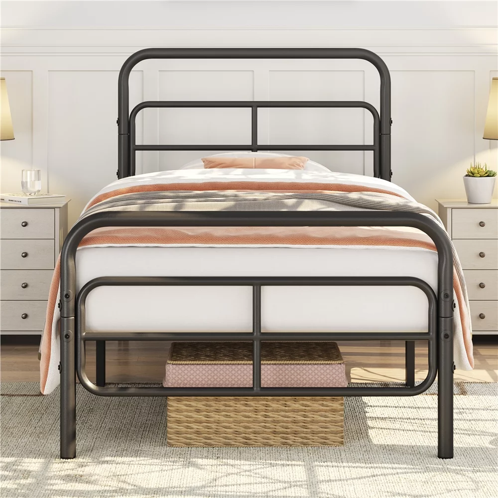 Easyfashion Aidan Modern Geometric Patterned Metal Bed, Twin,Black