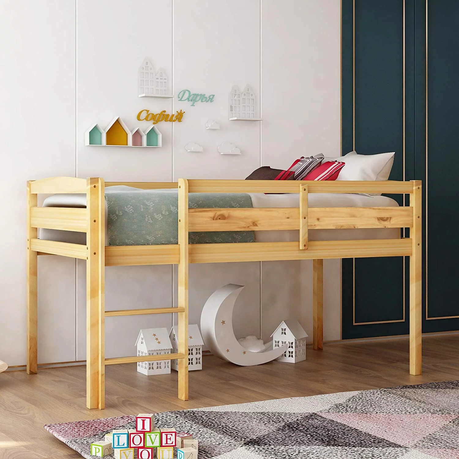 Churanty Twin Loft Bed for Kids with Ladder,Wood Kids Low Loft Bed Frame,Natural