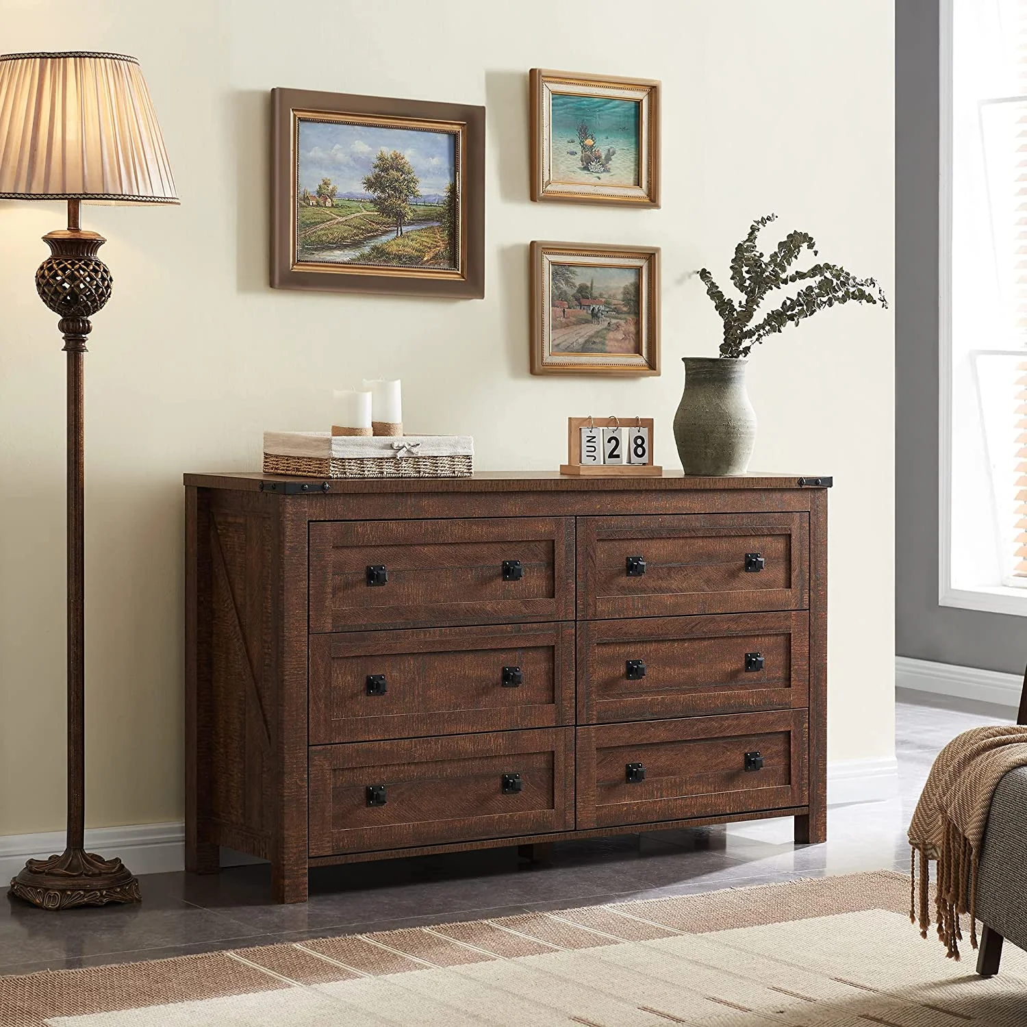 Farmhouse 6 Drawers Dresser Chests for Bedroom Wood Rustic Wide Chset of Drawers Storage Dressers Organizer for Bedroom Living Room Hallway Dark Rustic Oak