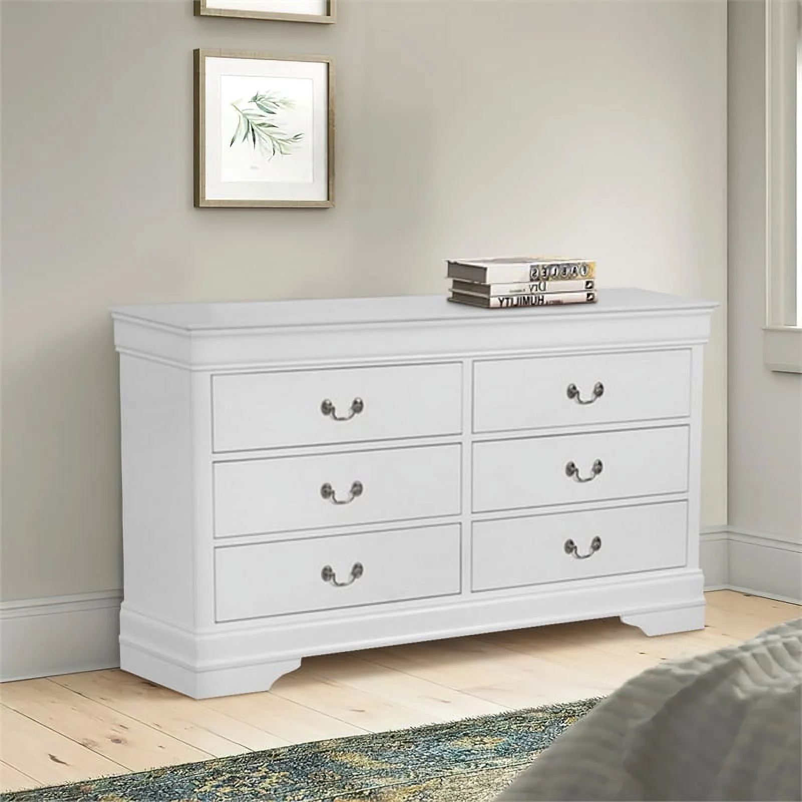 Benjara BM215248 Transitional Style 6 Drawer Dresser with Metal Pulls, White
