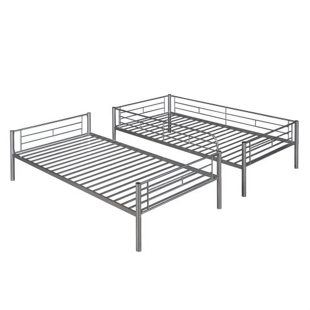 Metal Bunk Bed Frame Twin Over Twin with Slat&Ladder Heavy Duty Metal Bed Frame ,2 in 1 Convertible Bunk Bed with Safety Guard Rails,Silver
