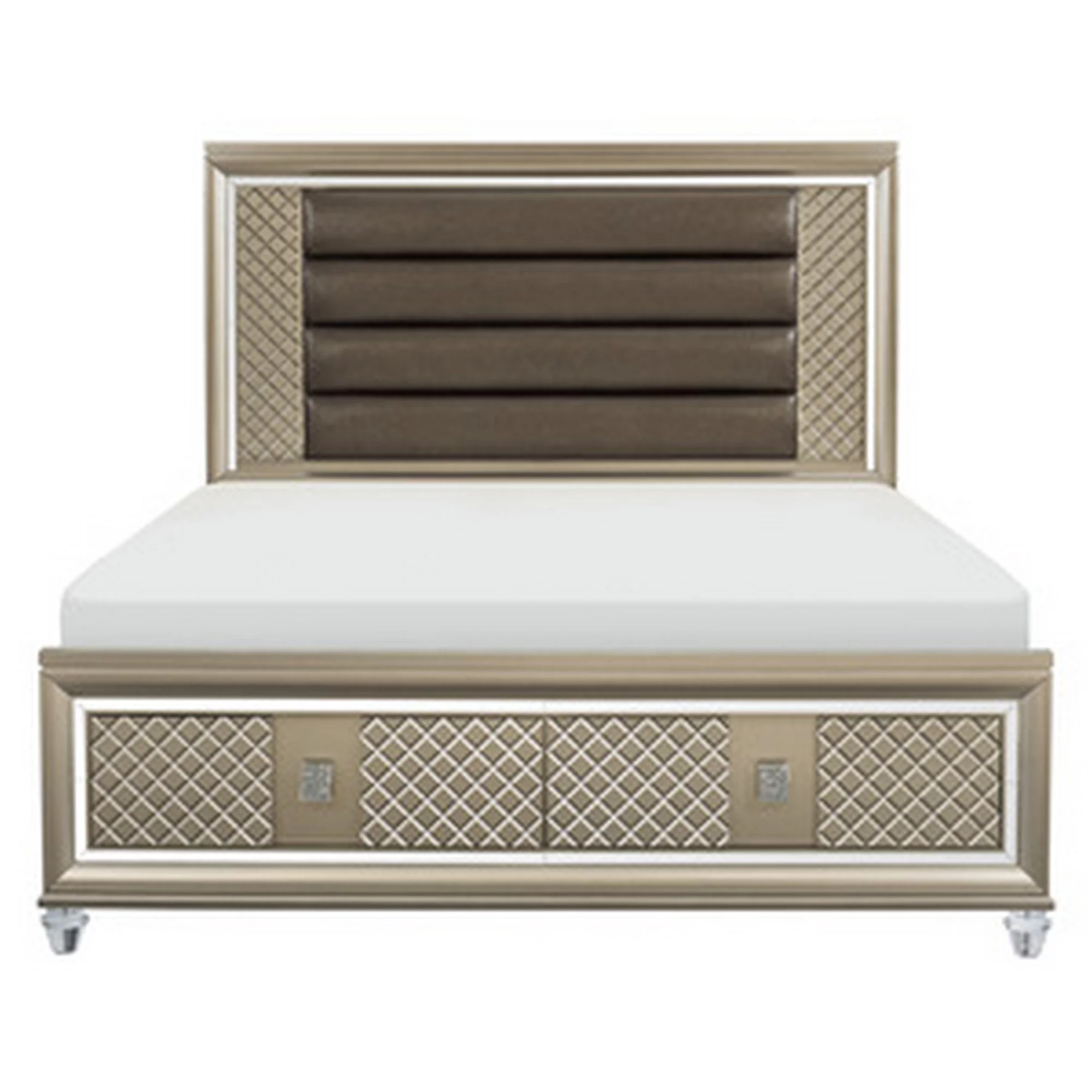 Benjara Queen Platform Bed with LED Light Headboard, Storage Footboard, Bronze