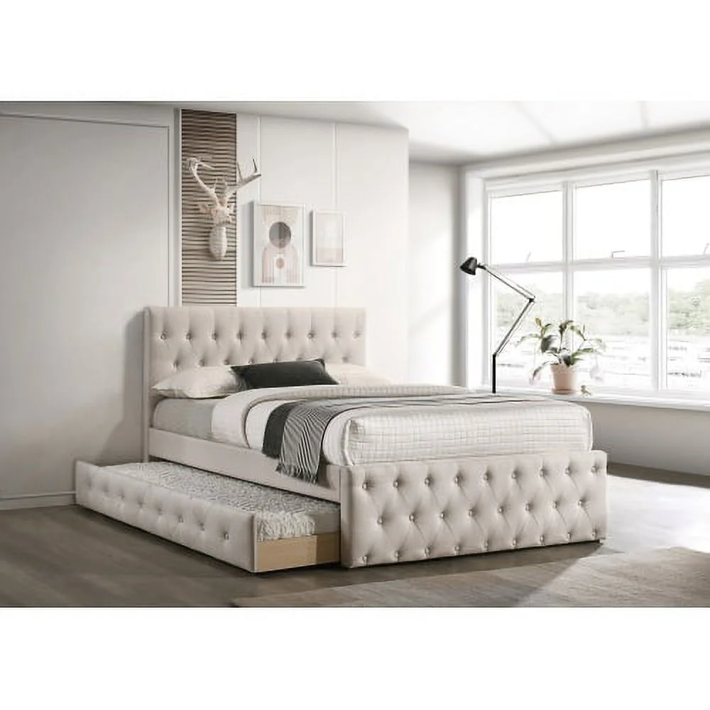 Contemporary Full Size Bed w/ Trundle Slats Light Brown Burlap Upholstered Tufted Headboard Footboard Youth Bedroom Furniture wooden Slats 1pc Bed
