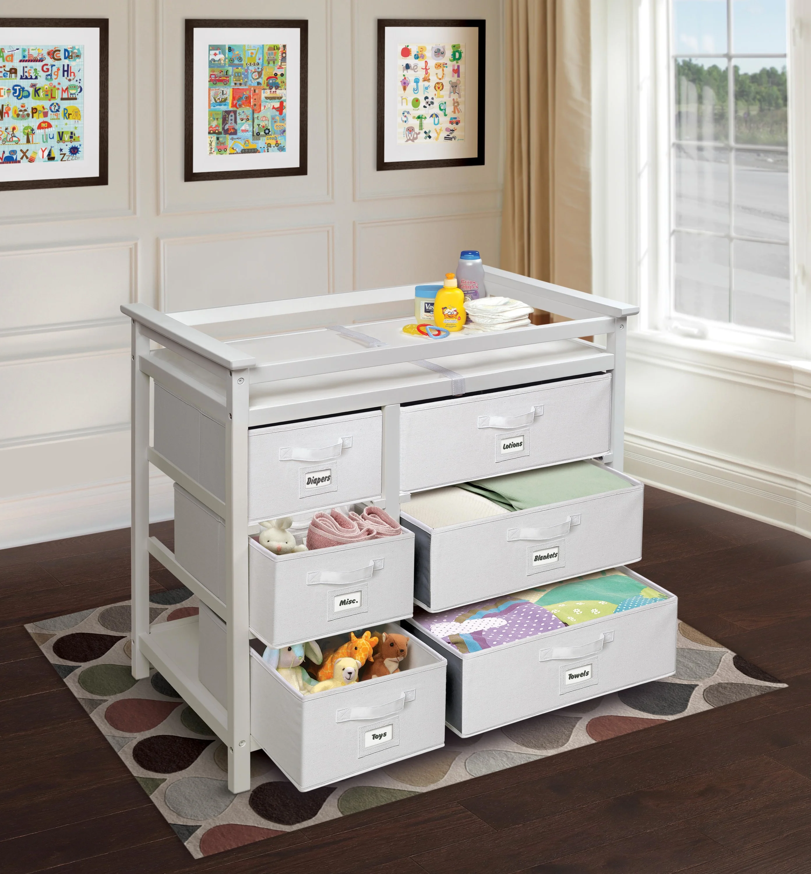 Badger Basket Modern Baby Changing Table with Six Baskets - White