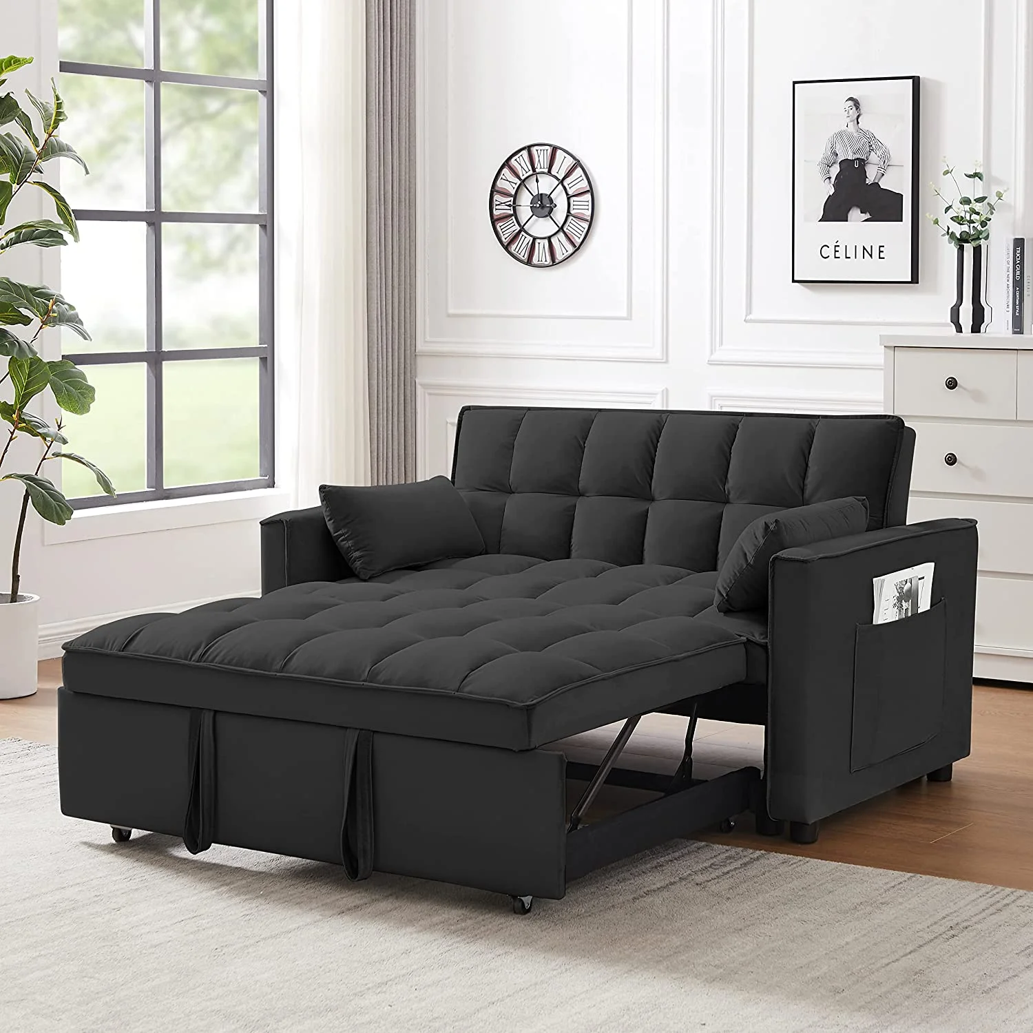 Pull Out Bed Sleeper Sofa Bed With Toss Pillows,Velvet Loveseat Futo Sofa Couch With Pockets,Loveseat Sofa Couch With Adjsutable Backrest For Livig Room