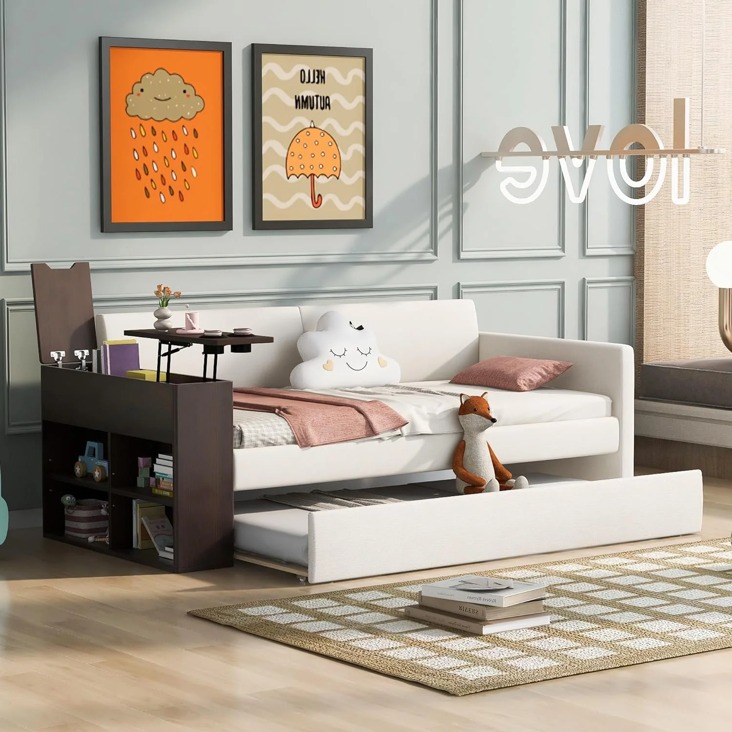 Size Daybed Wi Trundle, Upholstered Daybed Wi Storage Armrest, Charging Stations And Cup Holders For Living Room, Bedroom, Guest Room, Beige