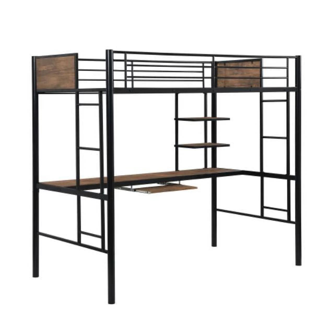Metal Loft Bed with Desk and Storage Shelves, Twin Bed Frame Bilateral