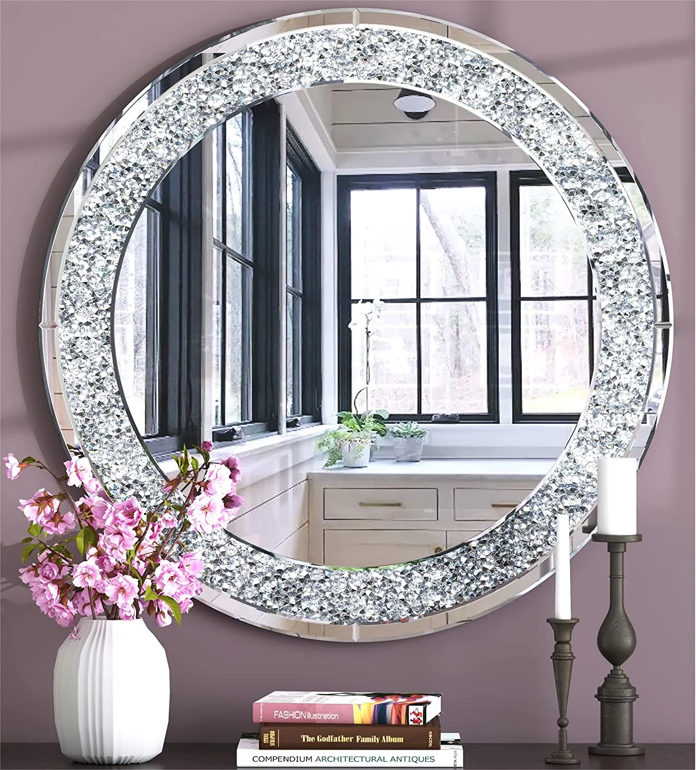 Decorative Round Mirrors Silver Wall Mirror Accent Wall Diamond Mirror for Living Room Home Decor - 32 inch