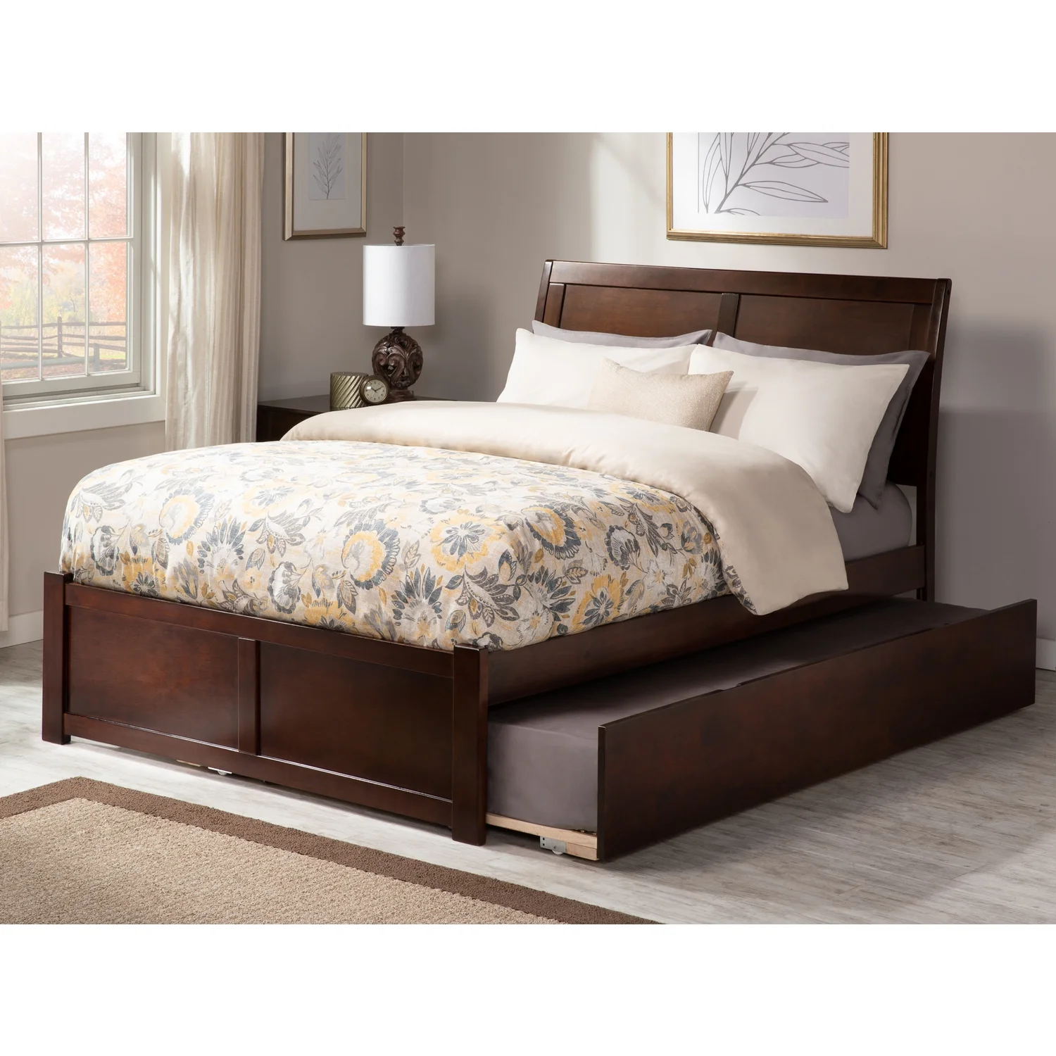 AFI Portland Wood King Platform Bed with Footboard and Twin XL Trundle in Walnut