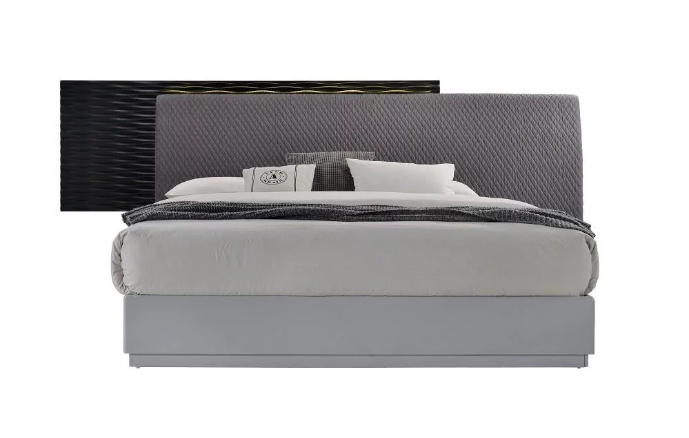 Modern Black Gloss & Gray Fabric Queen Size Bedroom Set 3Pcs J&M Tribeca