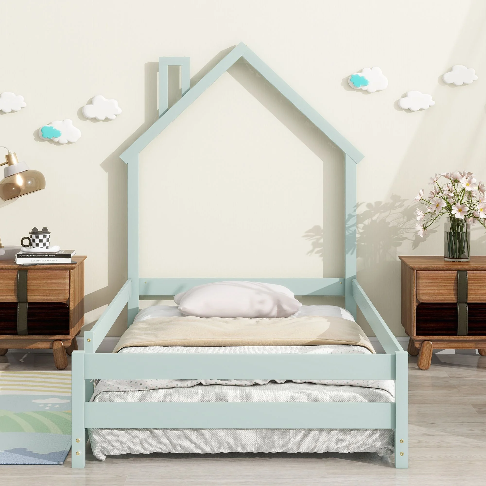 Twin Wood Floor Bed with House-shaped Headboard and Fences, Bed Frame for Boy Girl, No Box Spring Needed, Easy Assembly