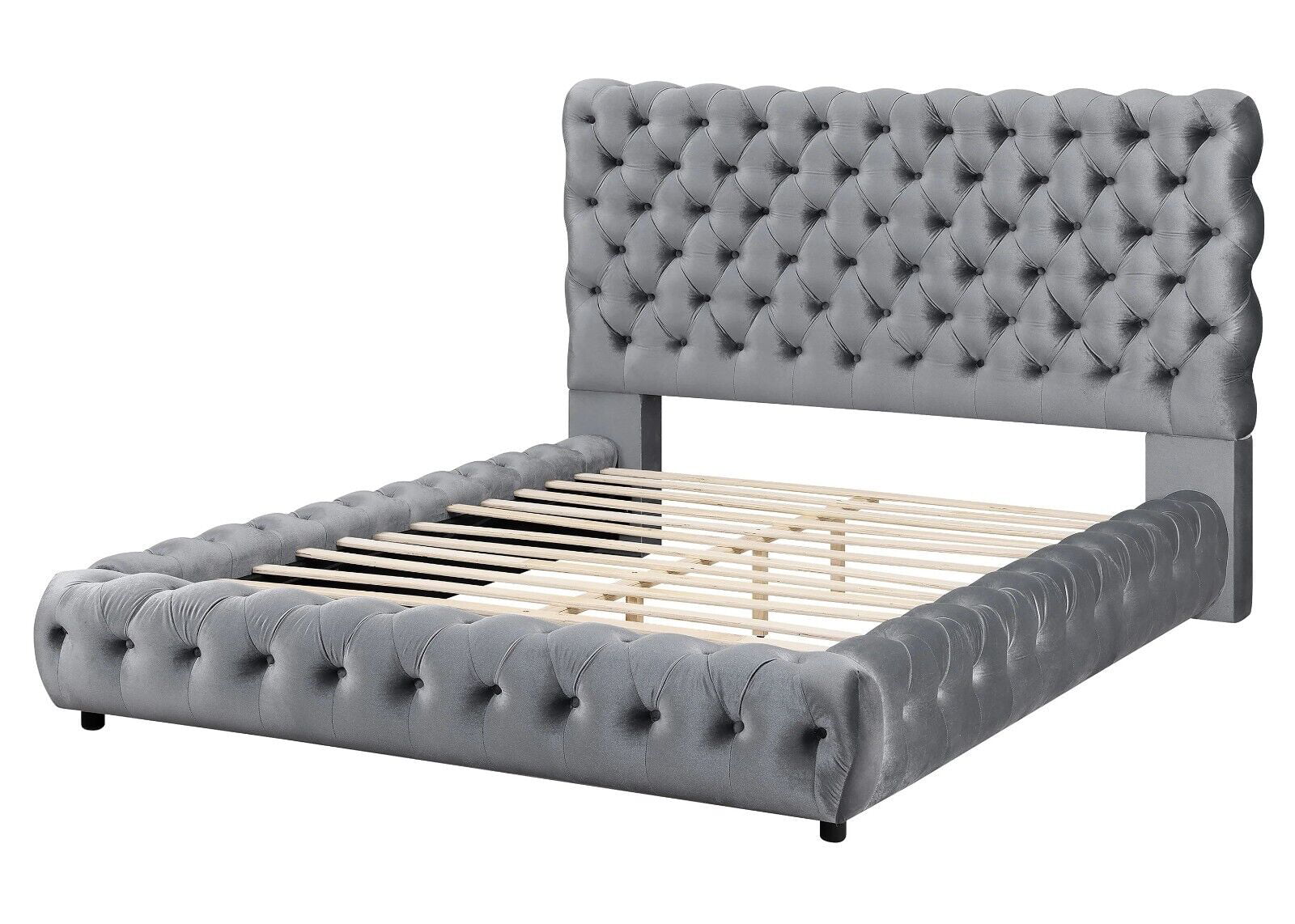 Contemporary 1pc Gray Fabric Upholstered Queen Size Bed w Tufted Headboard Footboard Bedroom Furniture