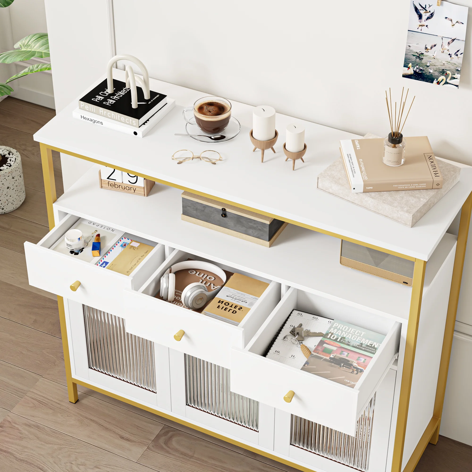 Homfa Console Table with Drawers and Cabinet for Entryway, Wood Foyer Table with Adjustable Shelf, Coffee Bar Sideboard with Hutch for Living Room, White Gold