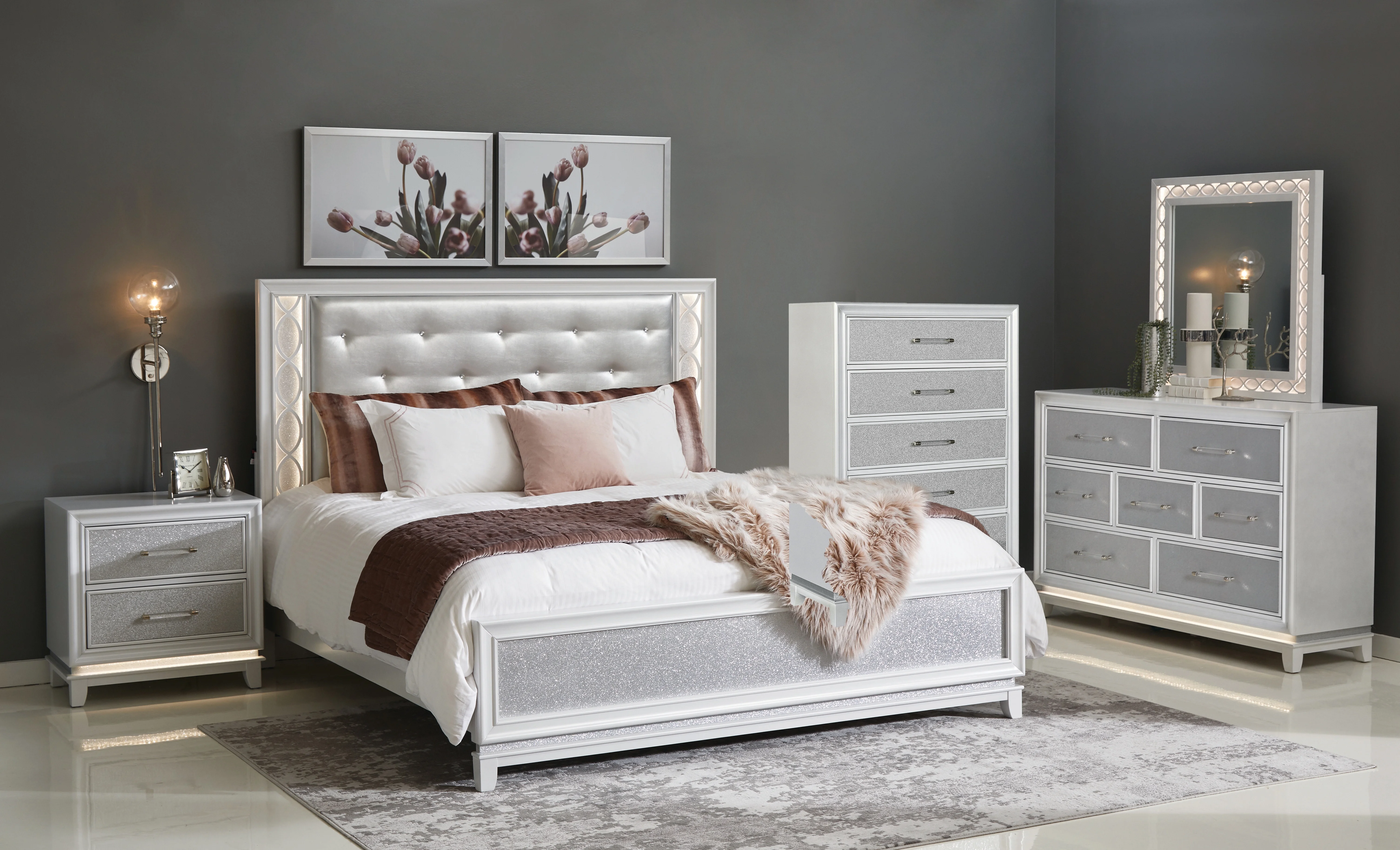 Roundhill Furniture Galaxy 5-Piece Bedroom Set with LED Lights, Tufted Bed, Dresser, Mirror, Nightstand, and Chest in Pearlized White, King