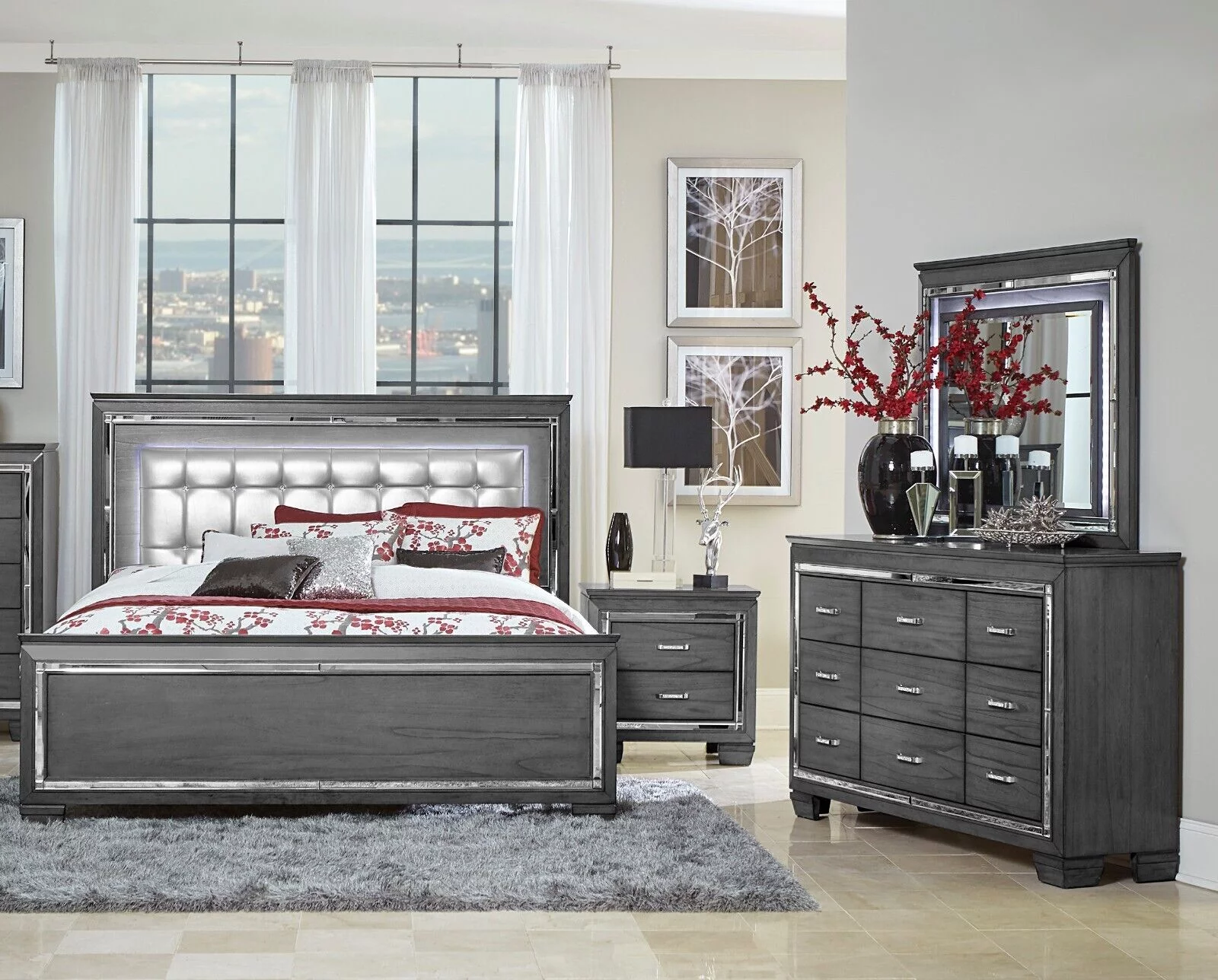 Modern 4pc Queen Size Upholstered LED Headboard Bed Dresser LED Lighting Mirror Nightstand Wooden Bedroom Furniture Set