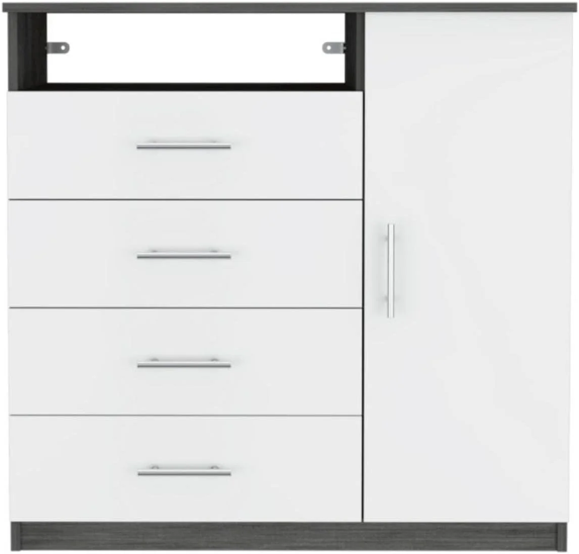 Rioja Dresser With 4 Drawers, Cabinet, Hanging Rod, And Open Shelf, Smokey Oak/White