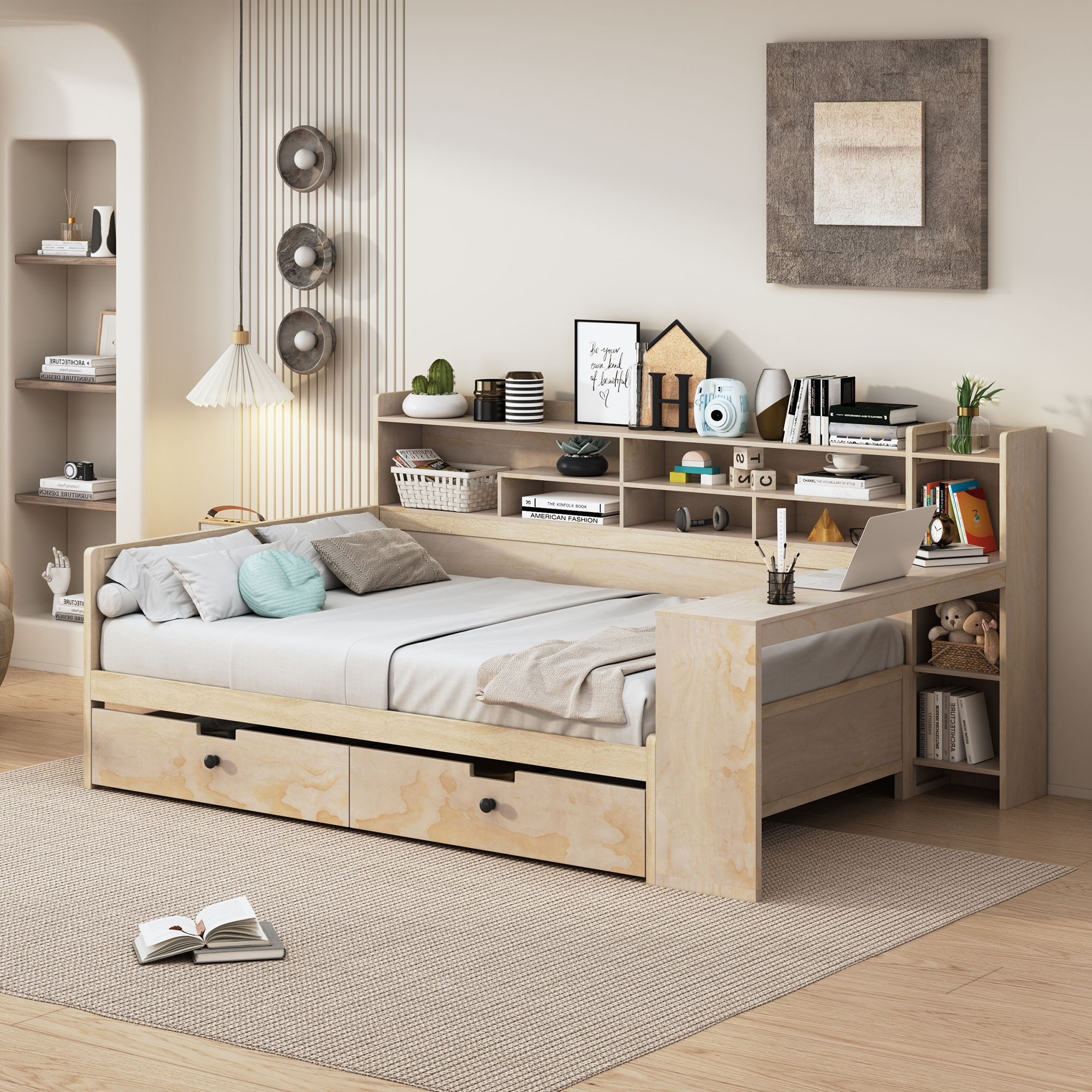Wooden Full Size Daybed with Storage Shelves, Multi-functional Bed with Two Storage Drawers and Study Desk, Natural