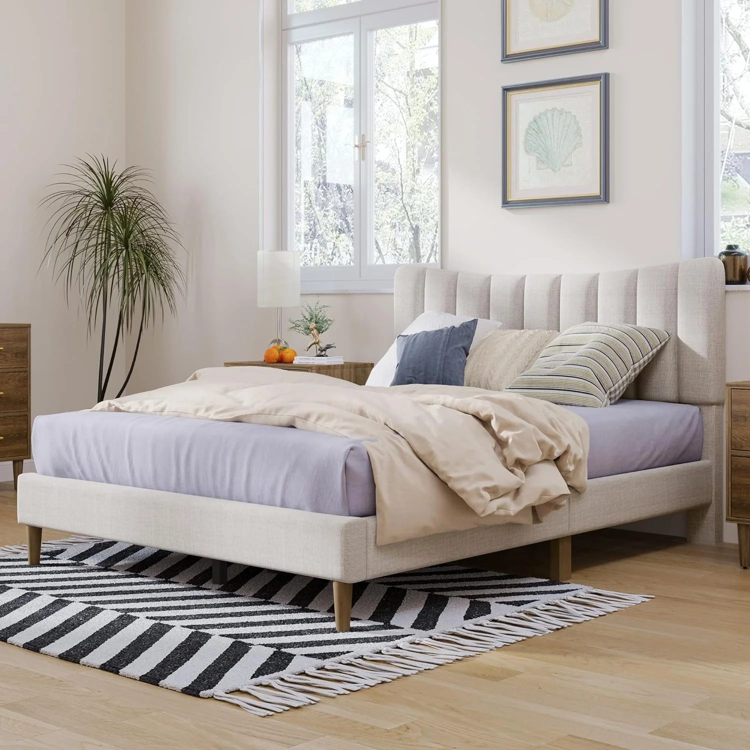Queen Size Platform Bed Upholstered Platform Beds With Vertical Channel Tufted Headboard, Queen Bed Frame For Bed Room, No Box Spring Needed (Cream)