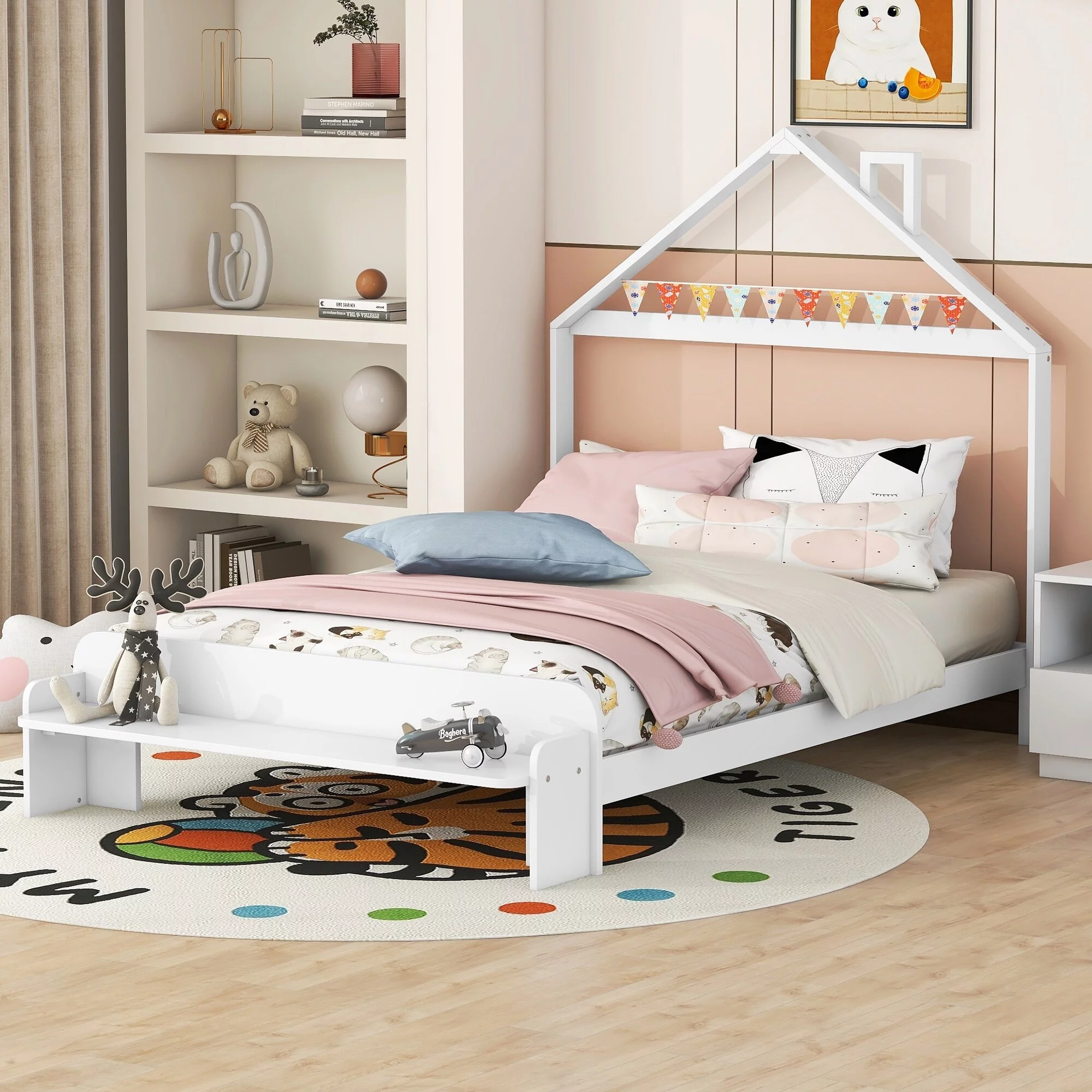 Wood Platform Bed with  Footboard Bench(Full/Twin) Twin/White - Twin/Full