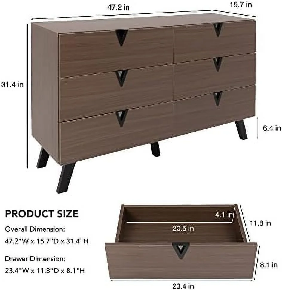 KHBIULIFE 6 Drawer Dresser Mid-Century Modern Dresser Wide 6 Chest of Drawers Wooden Cabinet for Entryway Bedroom Living Room Hallway