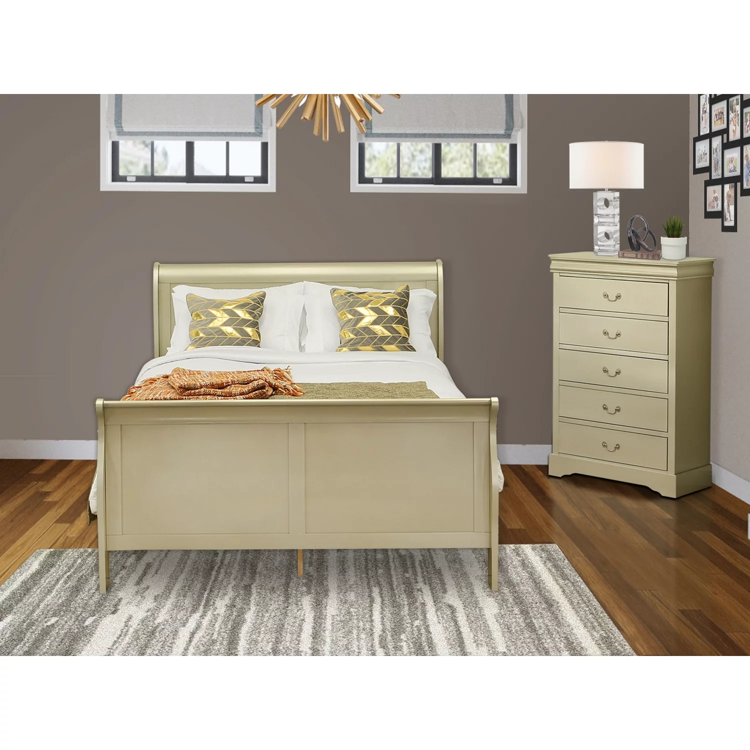 East West Furniture Louis Philippe 2 Piece Queen Size Bedroom Set in Metallic Gold Finish with Queen Bed, Chest
