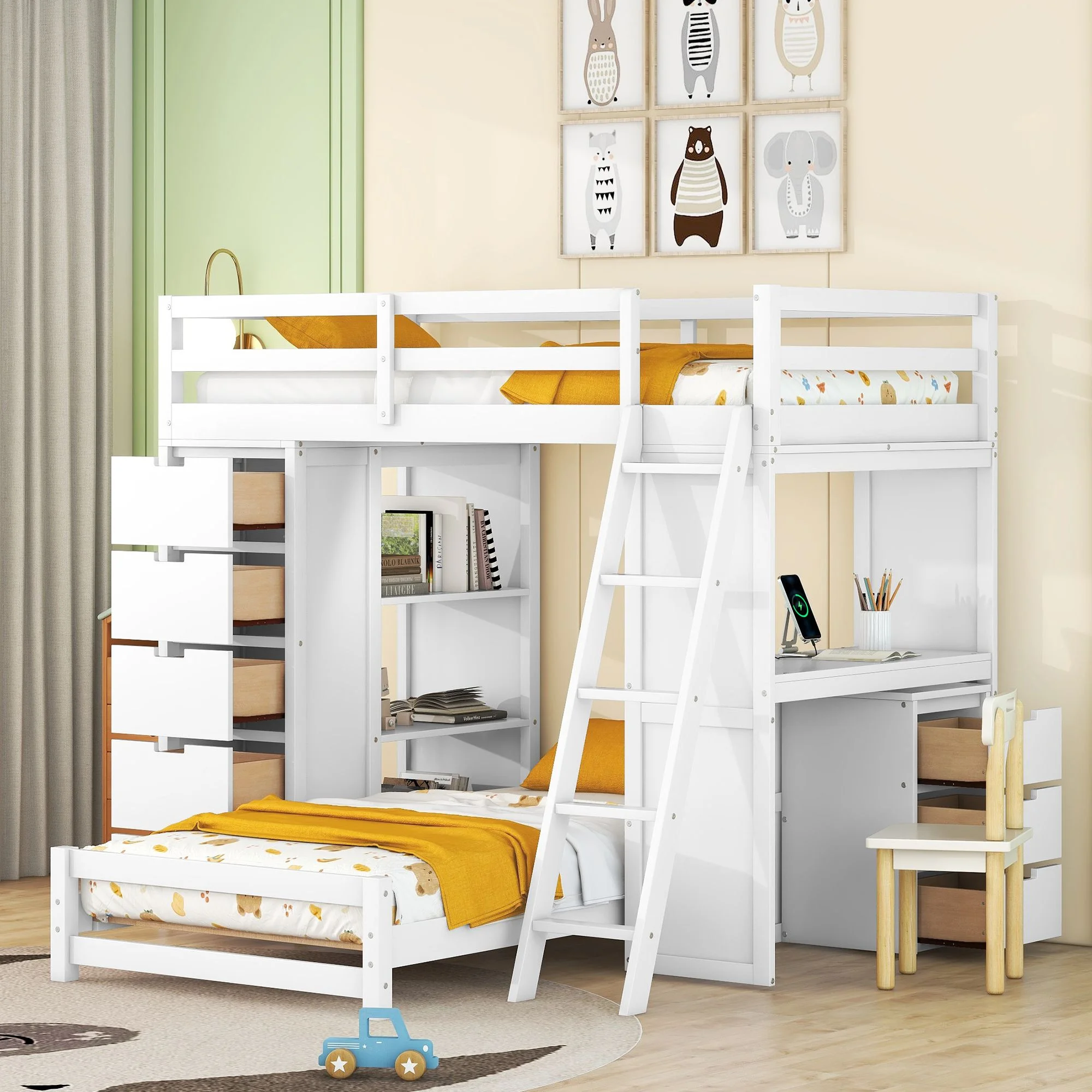 Twin Over Twin Floor Bunk Bed with LED Light and USB Ports for Boys/Girls/Teens Bedroom, Low Wood Bed Frame with Safety Guardrail, No Box Spring Needed