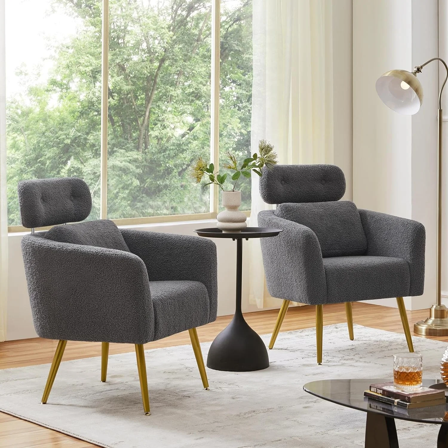 Accent Chair, Cozy Living Room Chair with Adjustable Headrest, Boucle Vanity Chair with Lumbar Pillow and Golden Legs, Modern Armchair for Bedroom Lounge Waiting Room Office, Dark Gray