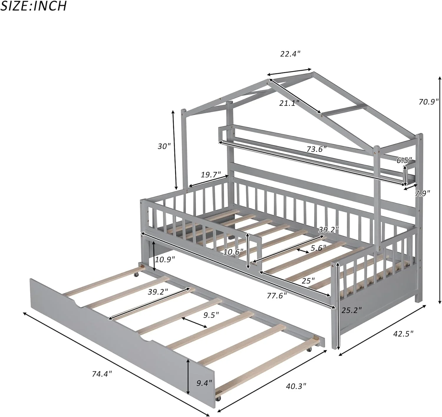 House Bed With Trundle And Storage Shelves, Montessori Bed Platform Bed With Roof, Tent Bed, Solid Wood Playhouse Bed Frame For Kids Teens Girls Boys ( Size, Gray)