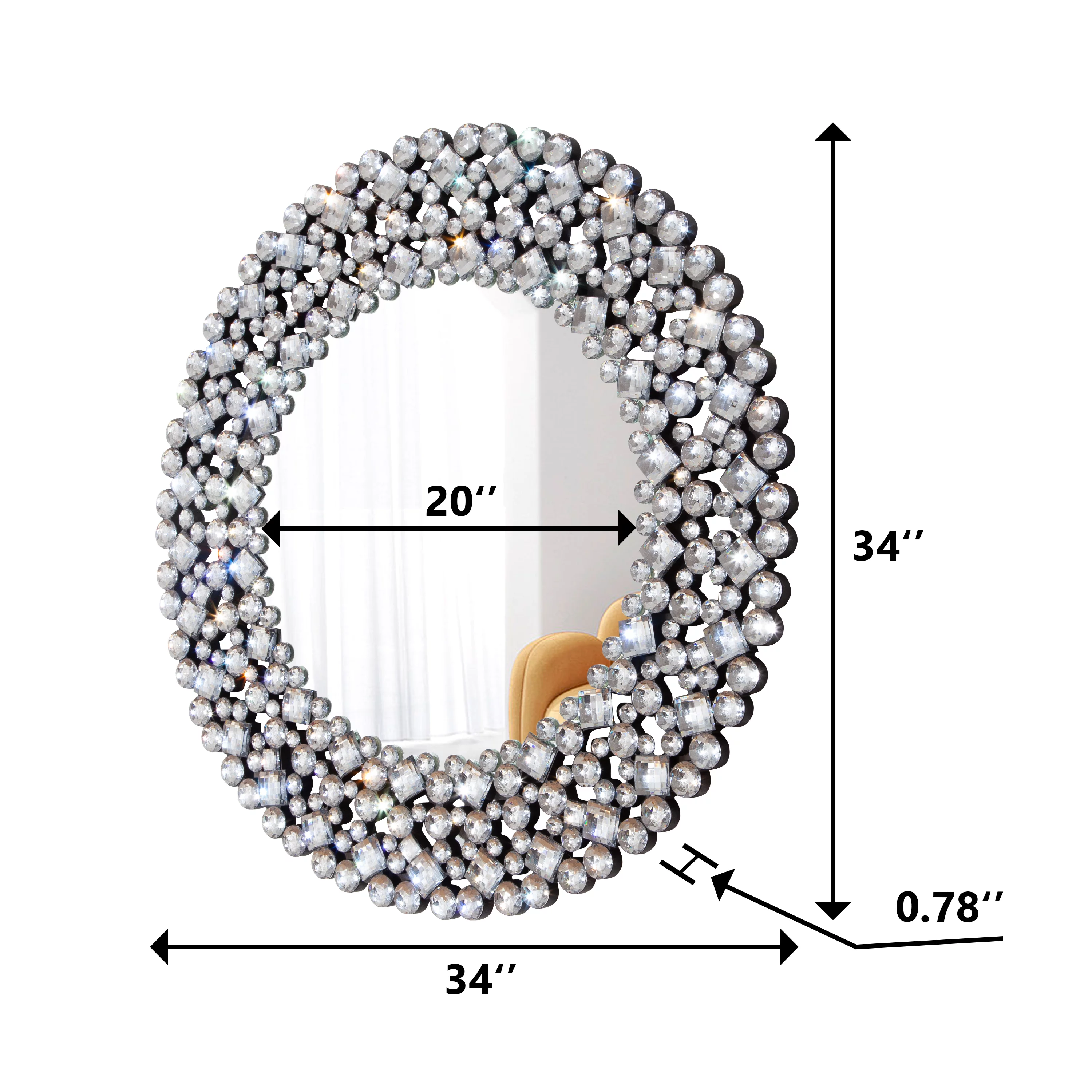 SHYFOY Jeweled Accent Wall Mirror 33.85 Inches Round Sparkly Decorative Mirrors for Wall Decor