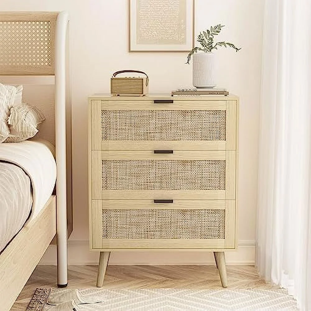 TJUNBOLIFE 3 Drawer Dresser Chests for Bedroom 3 Drawer Nightstand Rattan Small Dresser Cabinet of 3 Drawers with Solid Wood Legs & Metal Handles
