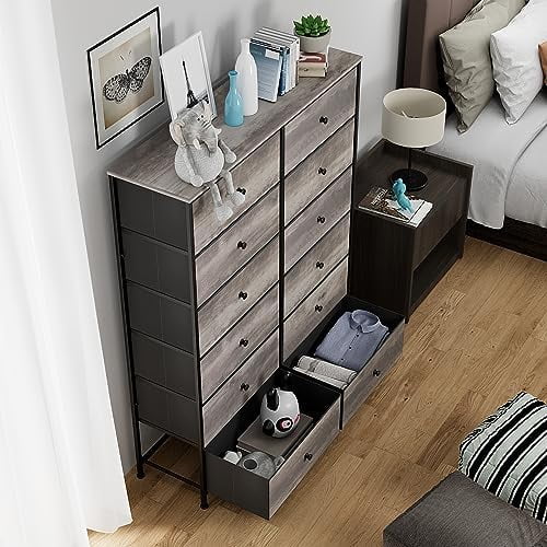 GEROBOOM 12-Drawer Dresser  6-Layer Fabric  Tower w/Textured Print Fabric Bin  Tall Chest Organizer Unit for Bedroom  Living Room  Hallway  Nursery  Closet  Adjustable Feetpad  Wood Top