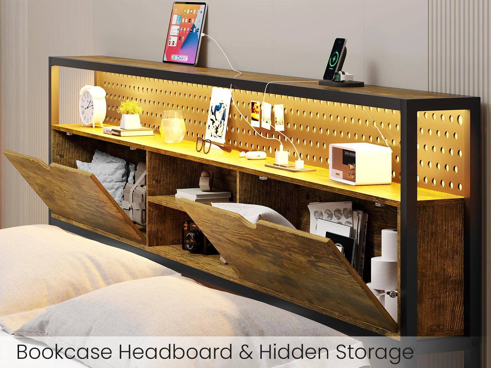 LED Bed Frame with Storage Headboard, Metal Platform Bed with Charging Station, Heavy Duty Steel Slats Support, Noise-Free, No Box Spring Needed, Full, Brown