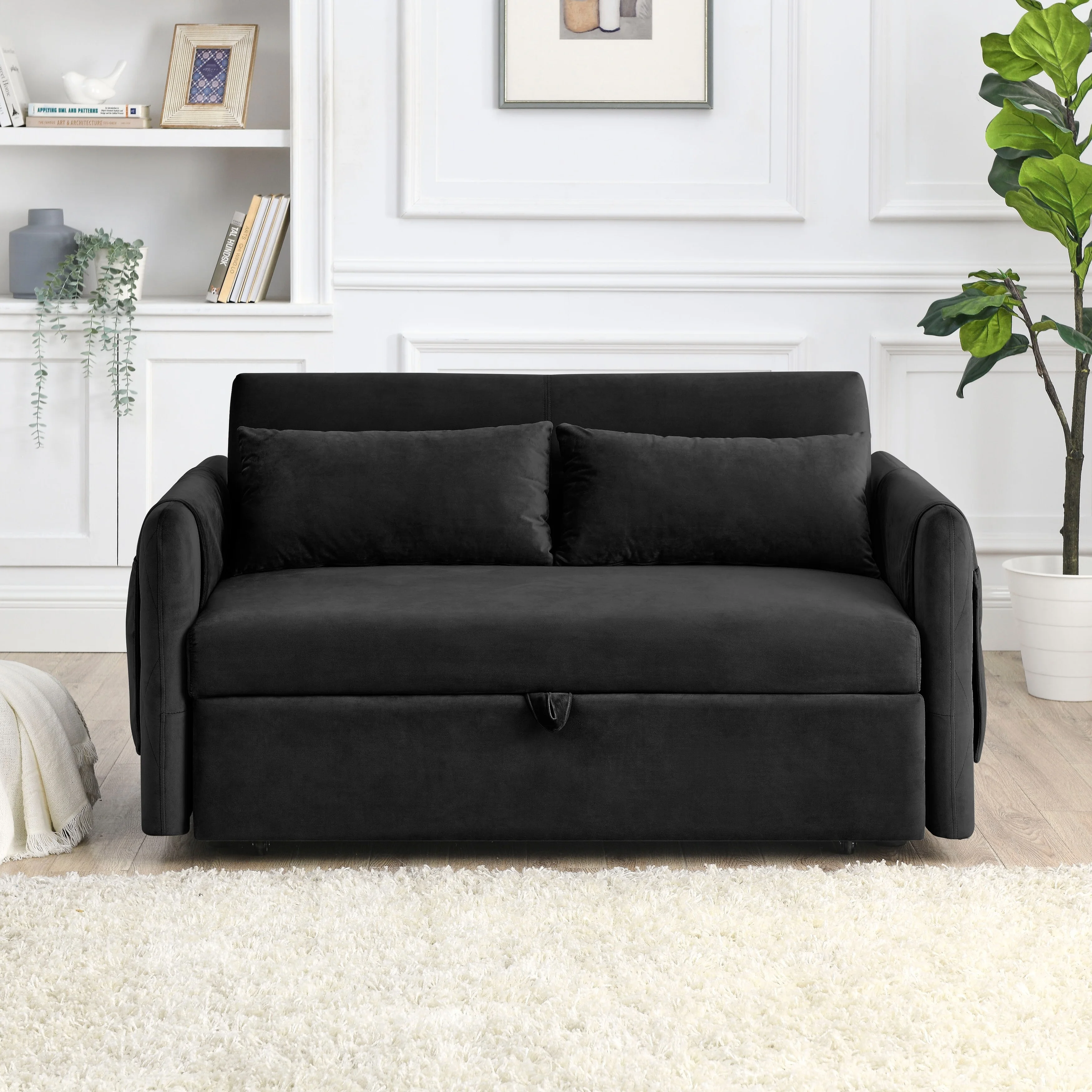 55'' Convertible Velvet Sofa Bed, Loveseat Sofa, Sleeper Sofa with Pull-out Bed and Adjustable Backrest Grey