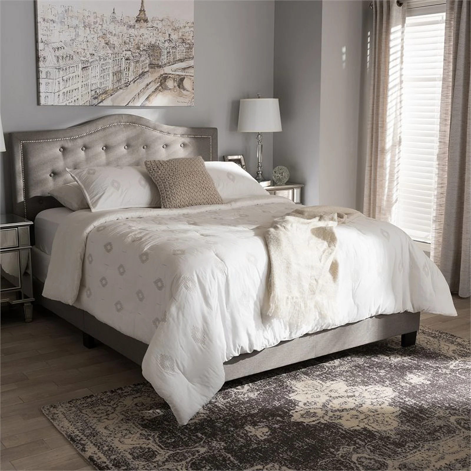 Bowery Hill Modern Tufted King Low Profile Bed in Light Gray