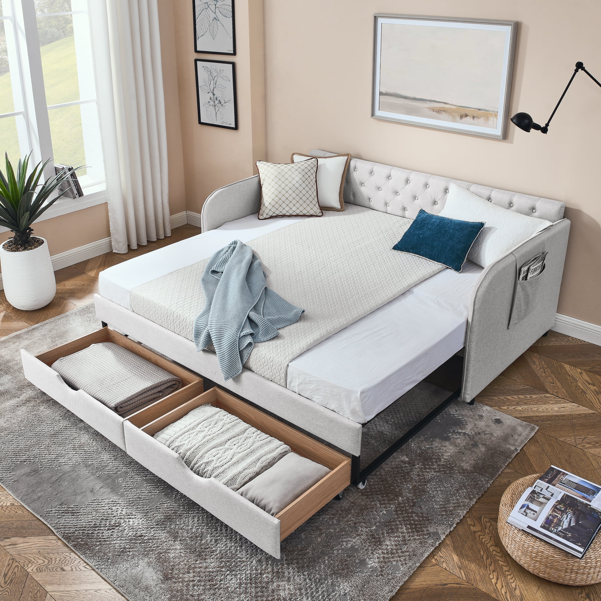 CoSoTower Twin Size Upholstery Daybed with Trundle Bed and Two Storage Drawers , Flat Arms with Pocket, Extendable Daybed for Bedroom Living Room,Linen Beige