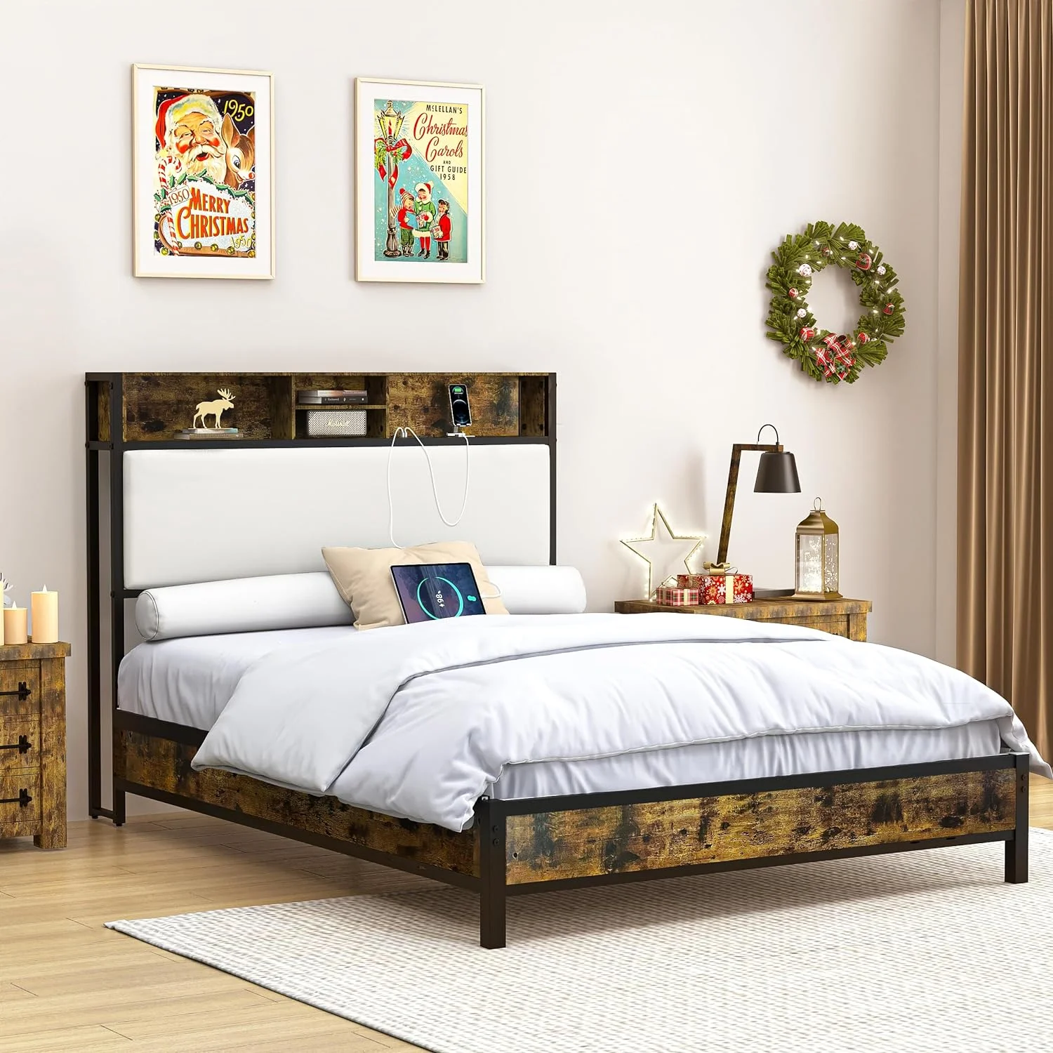 OUWI Headboard ， Queen Headboards with Storage Shelves,Headboard for Queen Size Bed with USB Ports, Industrial Metal and Wood Queen Headboard Only for Bedroom(Queen, Biege)