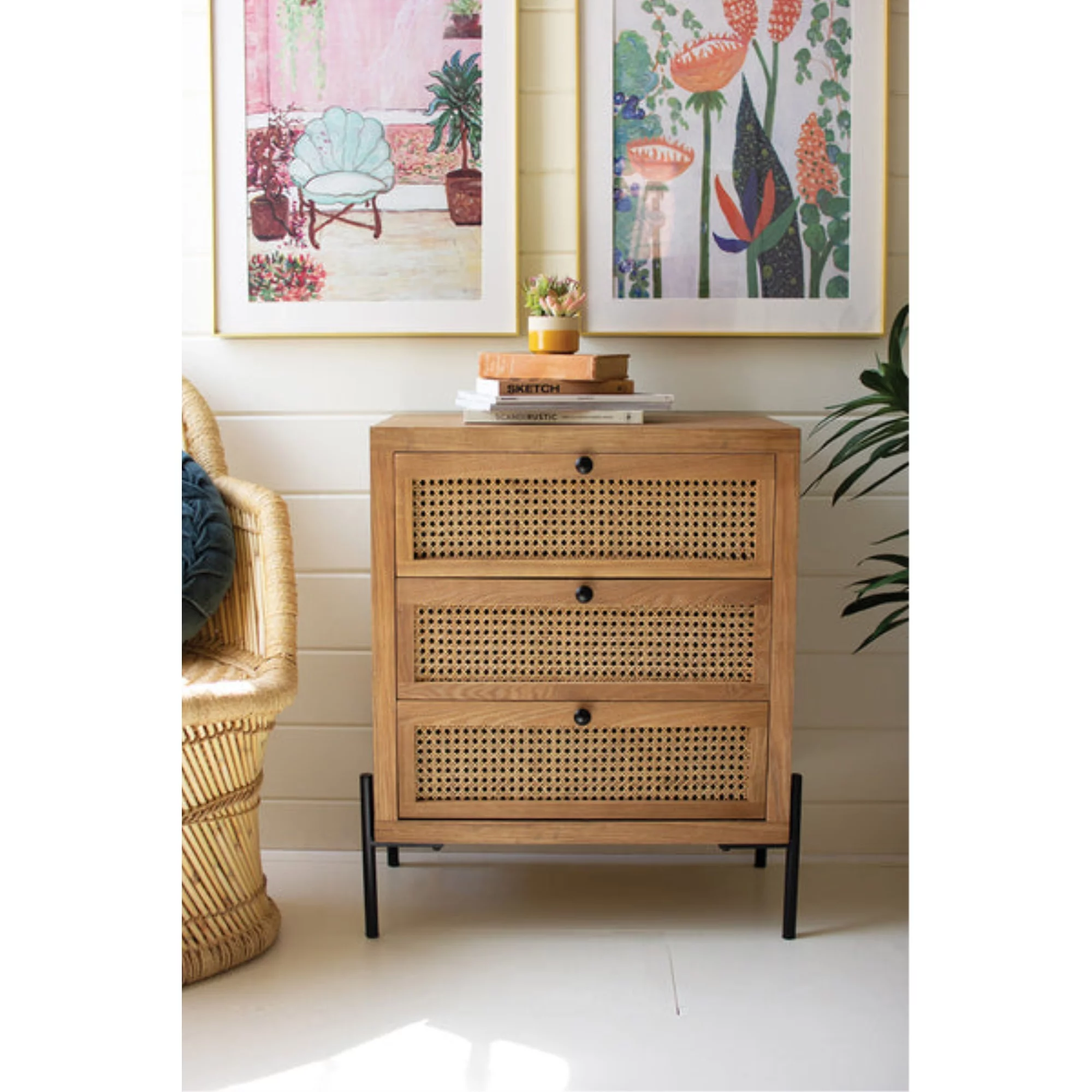 Kalalou Inc Wood Bedside Table With Three Woven Cane Drawers