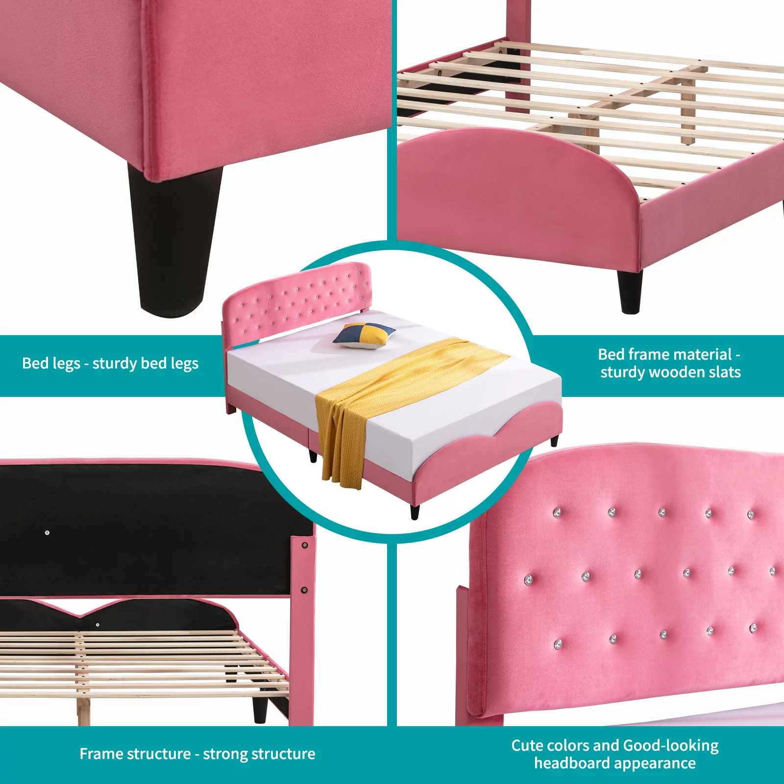 MUZZ Kids Full Size Bed Frame with Headboard, Velvet Upholstered Platform Bed with Slatted Bed Base, No Box Spring Needed, Pink Princess Wooden Bed for Girls( Full, Diamonds )