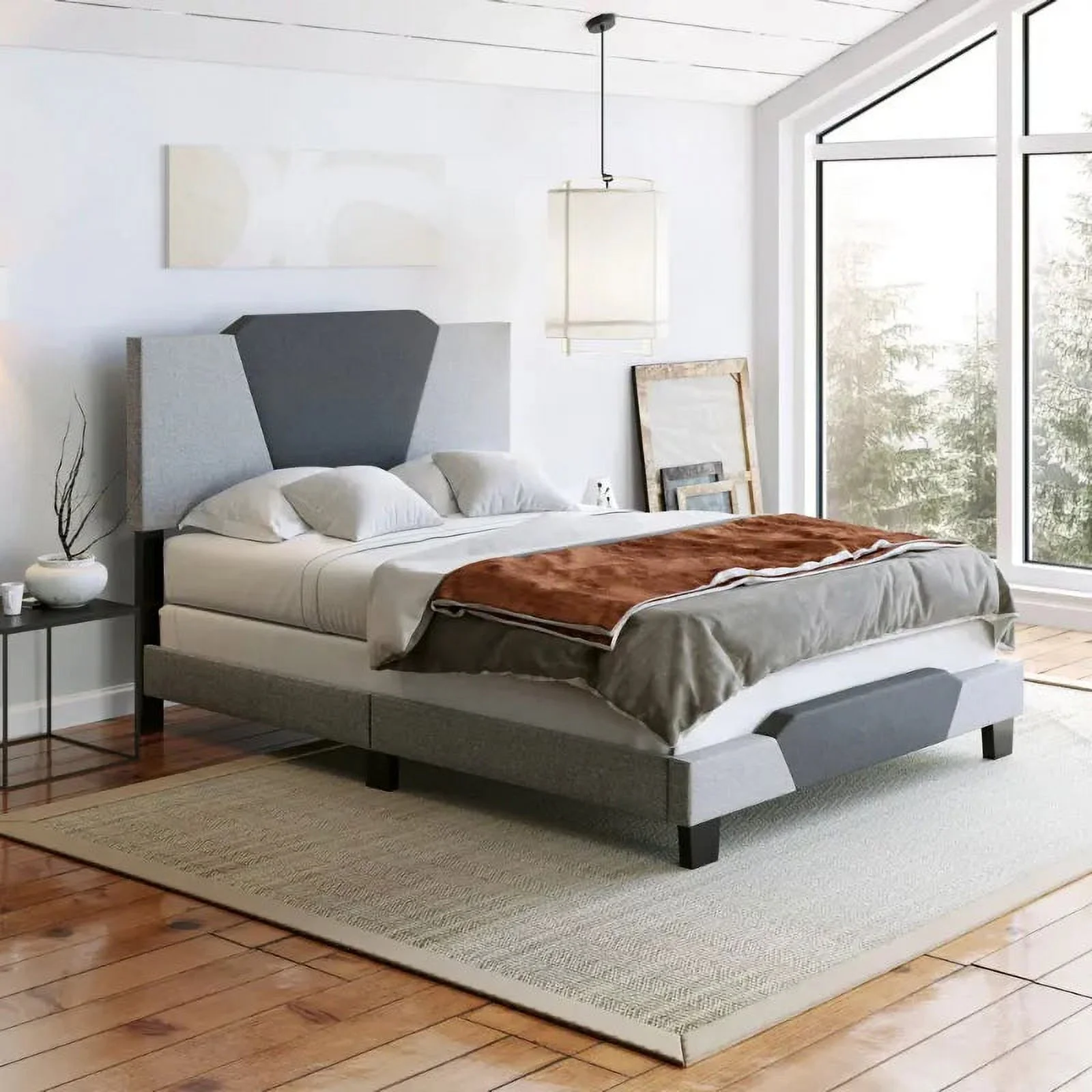 Boyd Sleep Tuscany Upholstered Geometric Charcoal and Gray Linen Platform Bed Frame, Queen