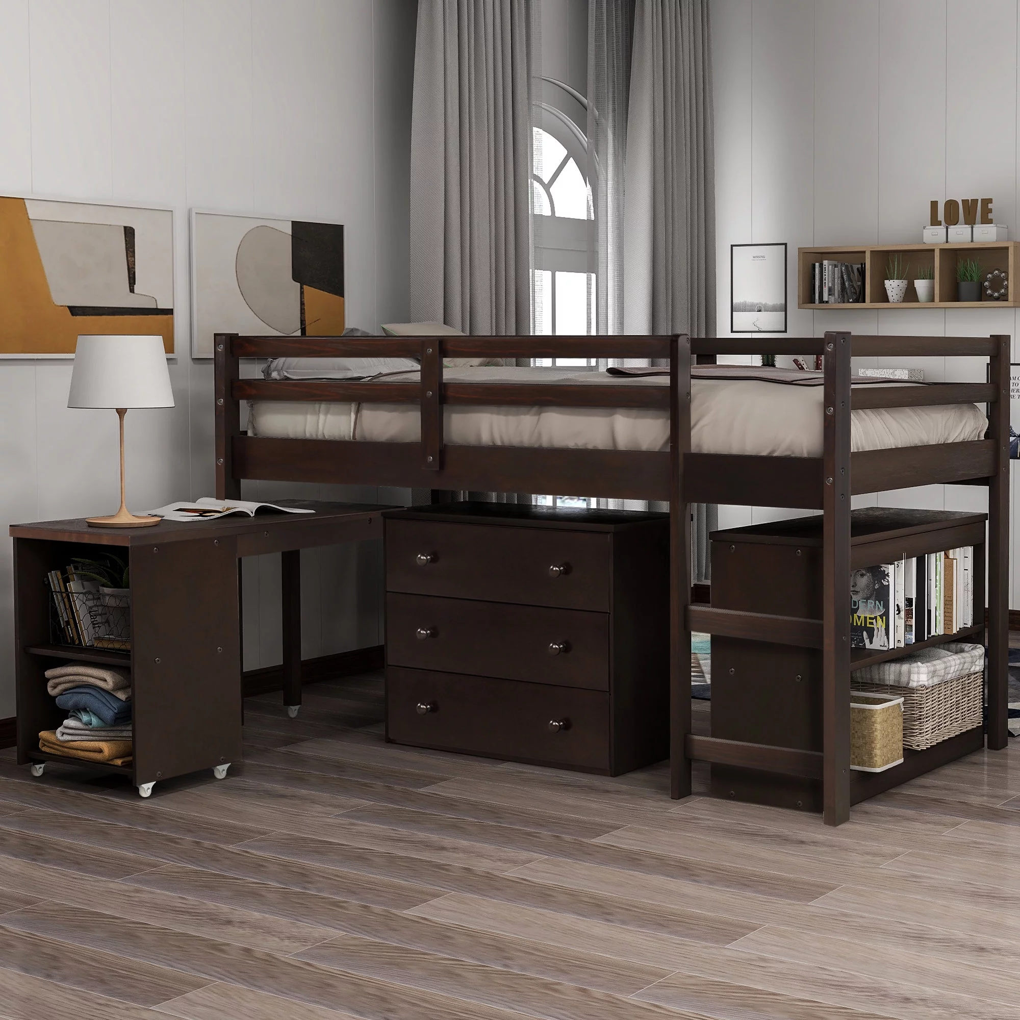 LANTRO JS Low Study Twin Loft Bed with Cabinet and Rolling Portable Desk Espresso (OLD SKU :LP000113AAP)
